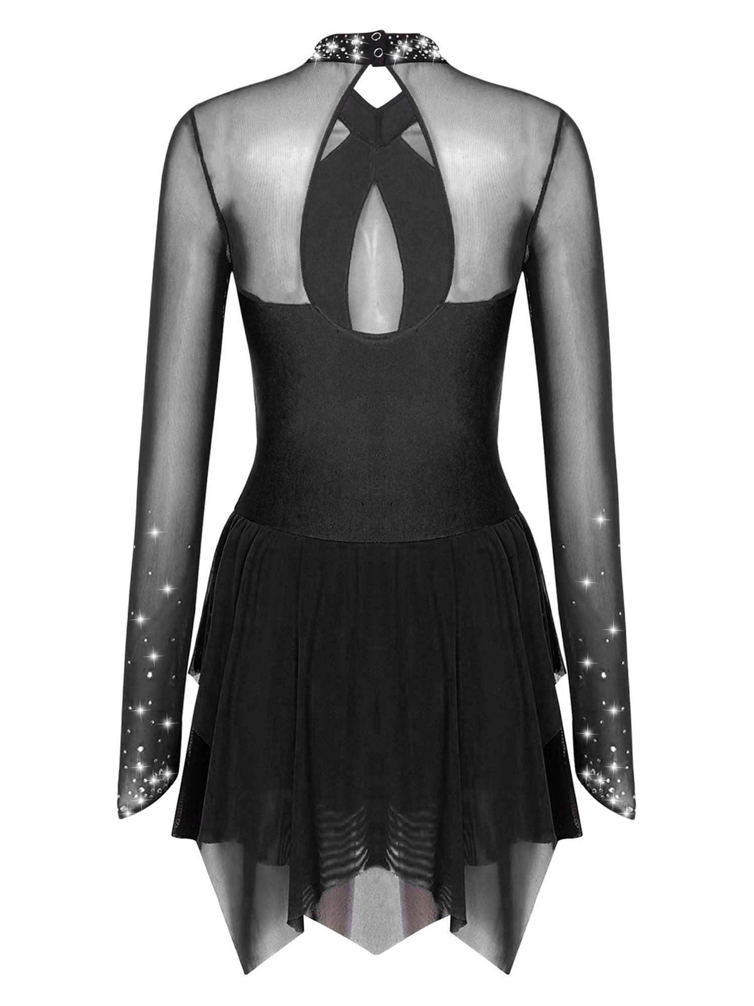 Women Long Sleeve Sparkling Rhinestones Irregular Hem Skating Dress