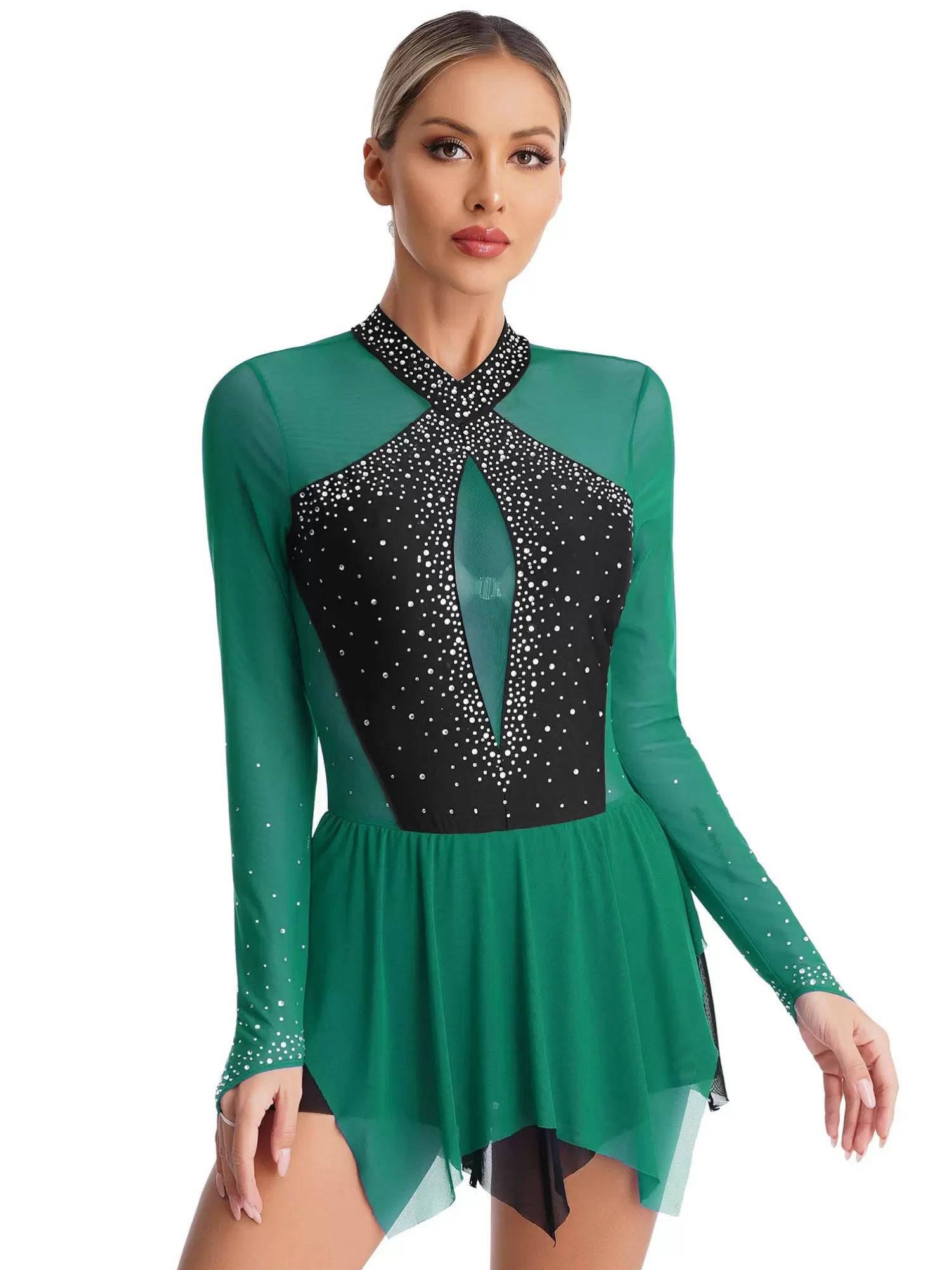 Women Long Sleeve Sparkling Rhinestones Irregular Hem Skating Dress