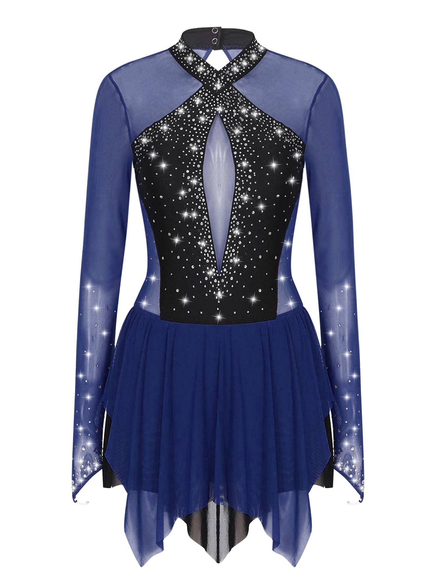 Women Long Sleeve Sparkling Rhinestones Irregular Hem Skating Dress