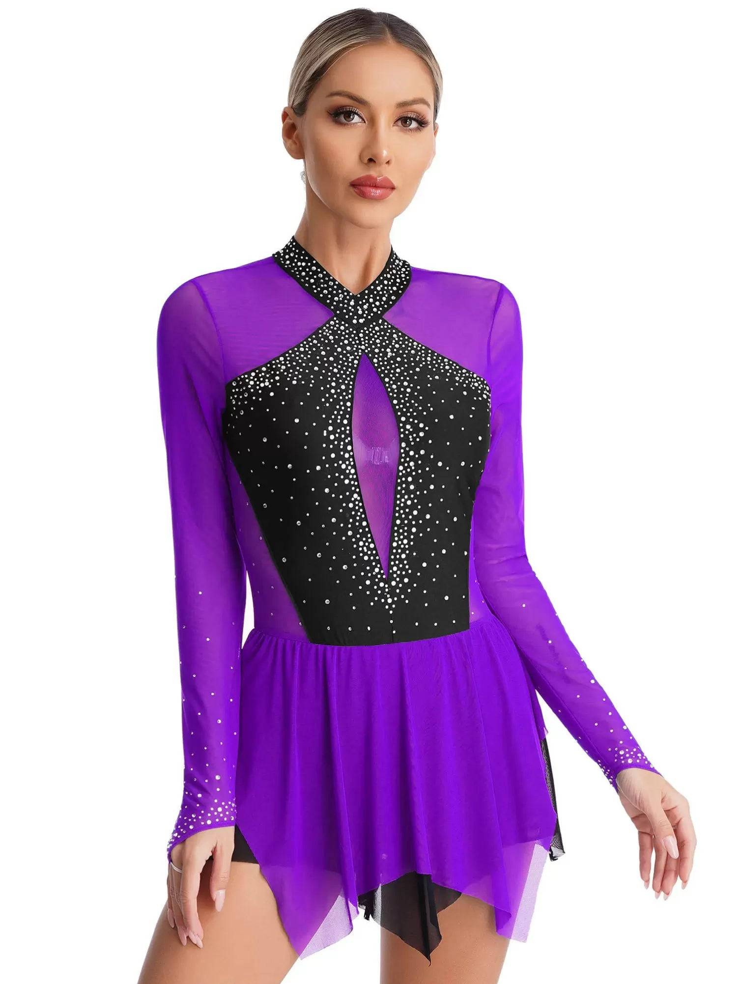 Women Long Sleeve Sparkling Rhinestones Irregular Hem Skating Dress