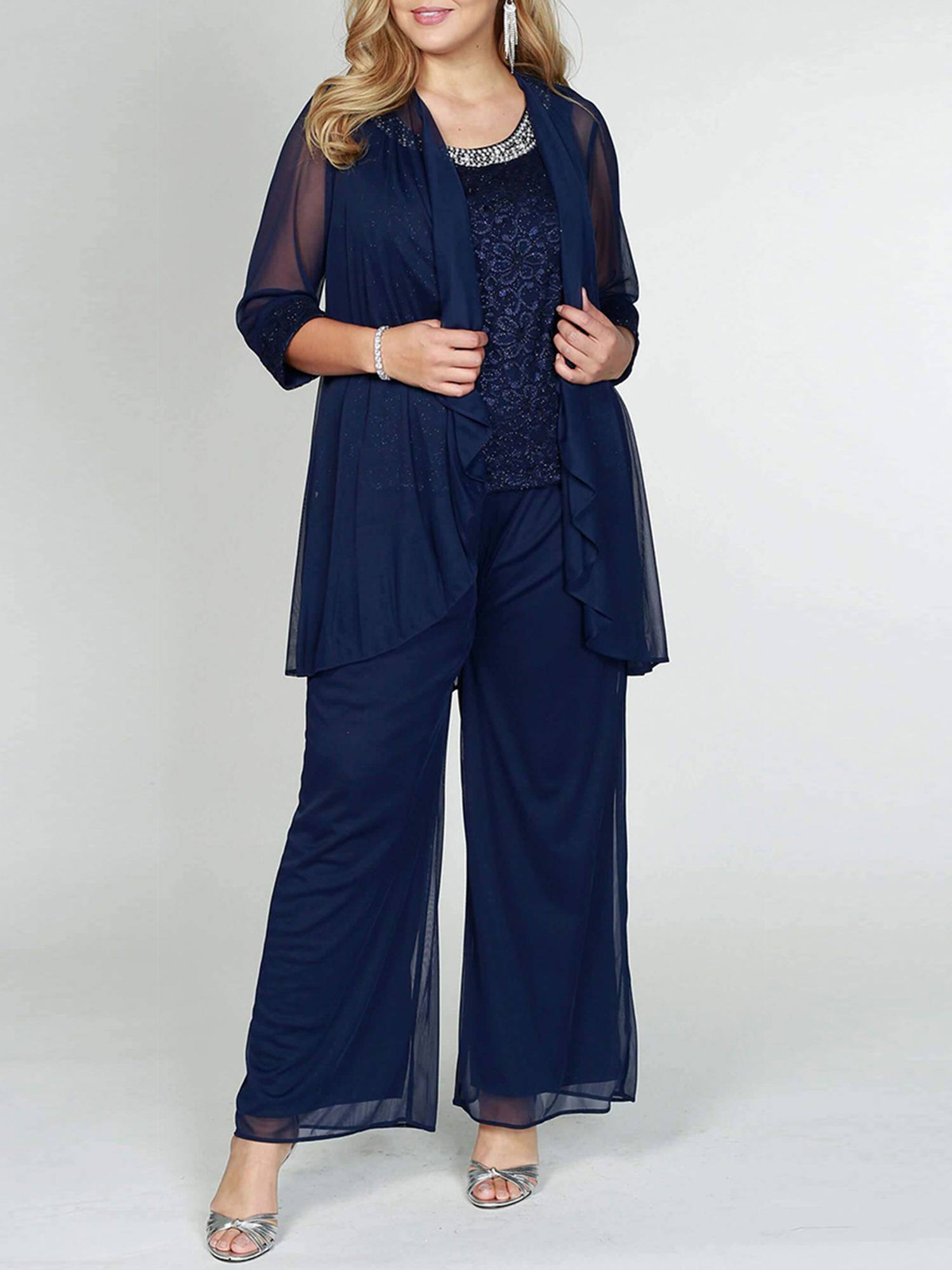 Women 3pcs Floral Lace Chiffon Mother of Bride Wedding Suit