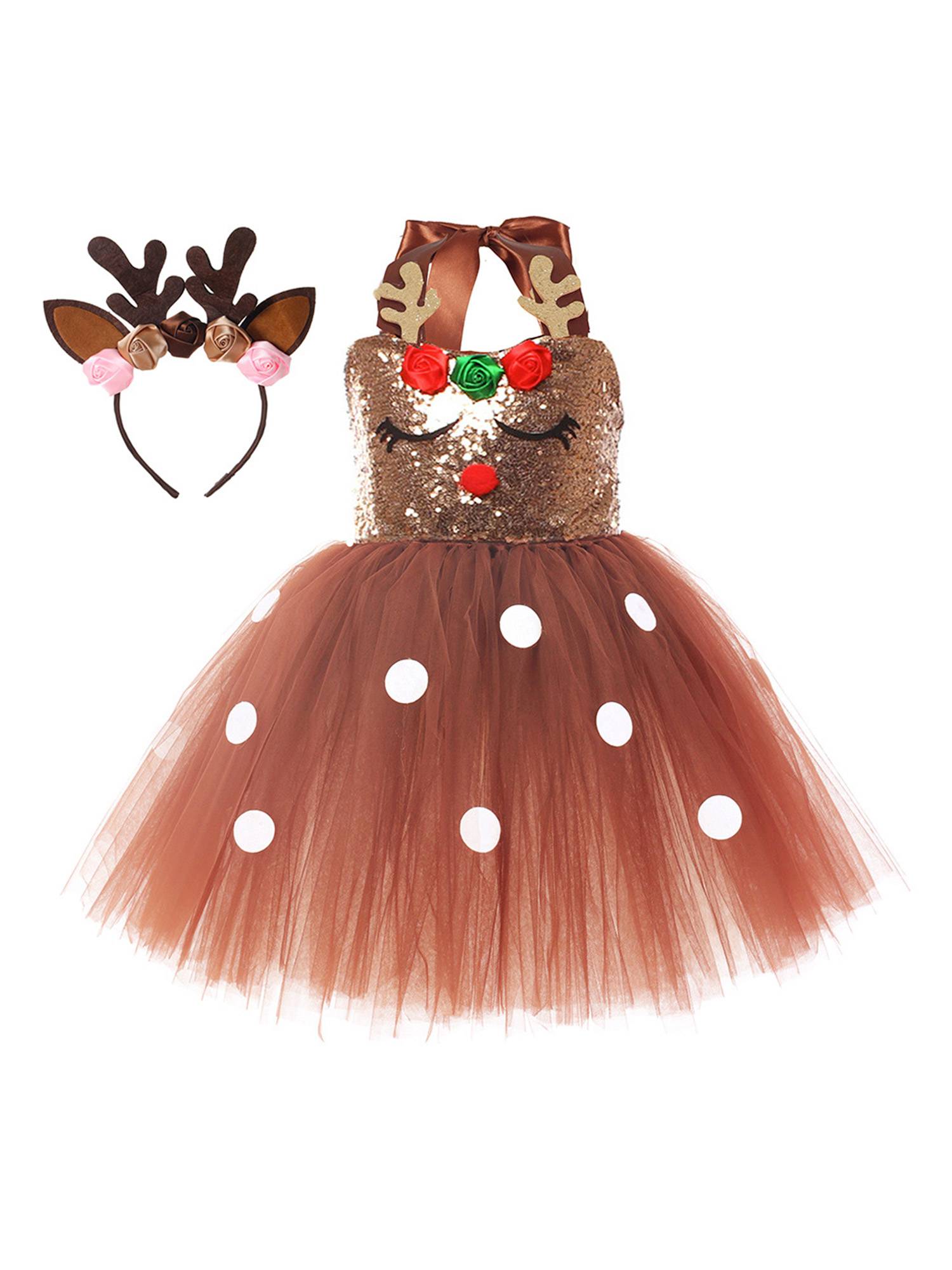 Kids Girls Christmas Reindeer Sleeveless Sequins Tutu Dress with Hairband