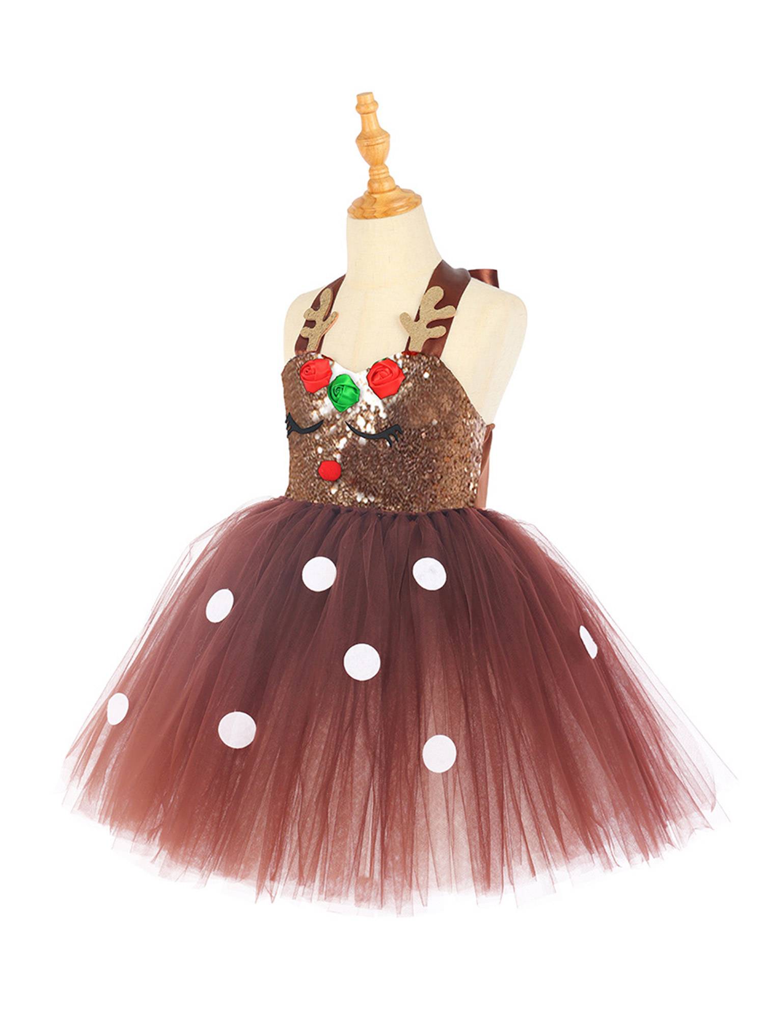 Kids Girls Christmas Reindeer Sleeveless Sequins Tutu Dress with Hairband