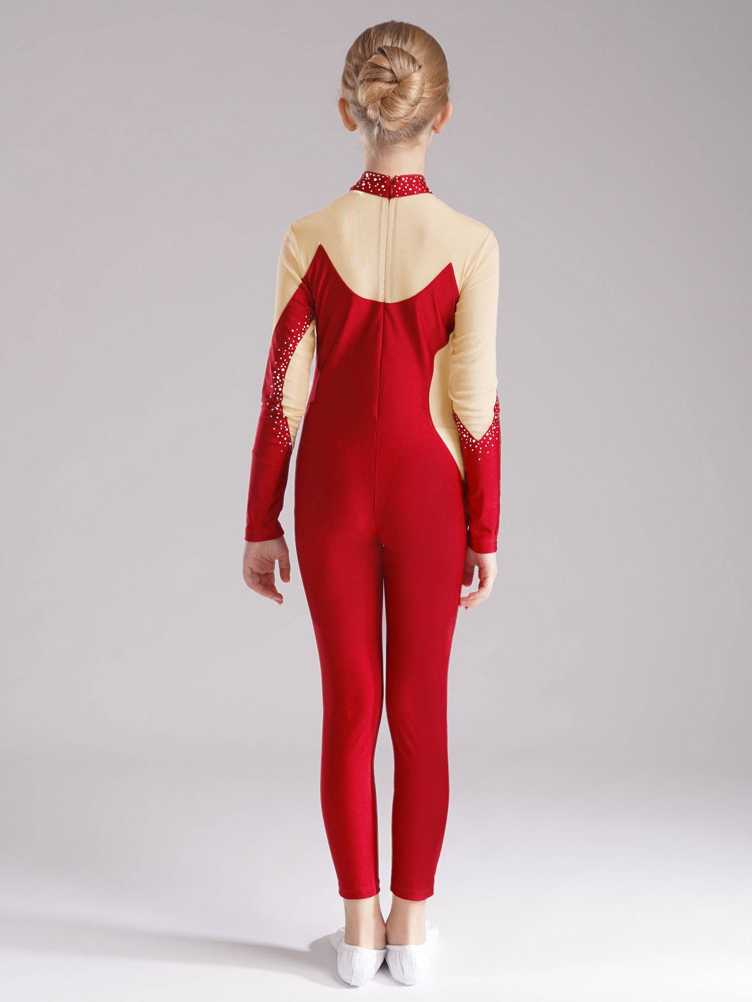 Kids Girls Gymnastics Costume Long Sleeve Rhinestones Dance Unitard