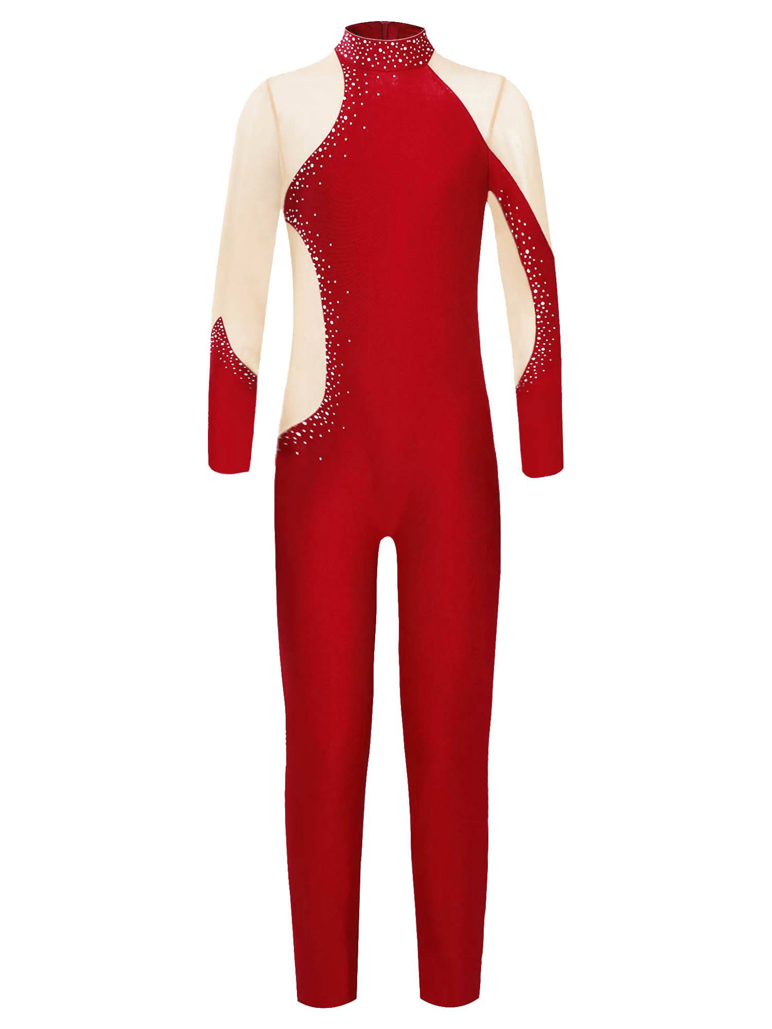 Kids Girls Gymnastics Costume Long Sleeve Rhinestones Dance Unitard