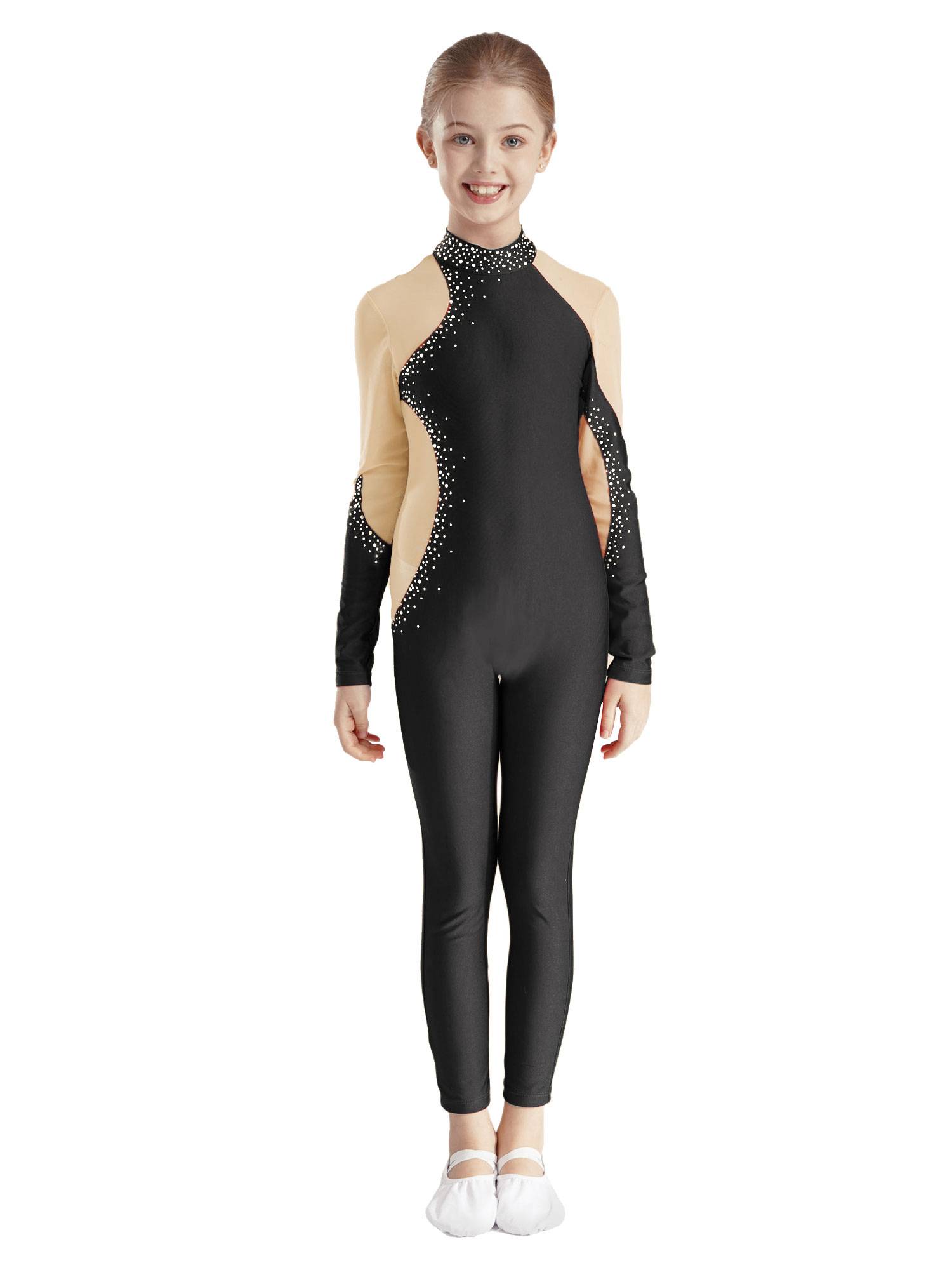 Kids Girls Gymnastics Costume Long Sleeve Rhinestones Dance Unitard