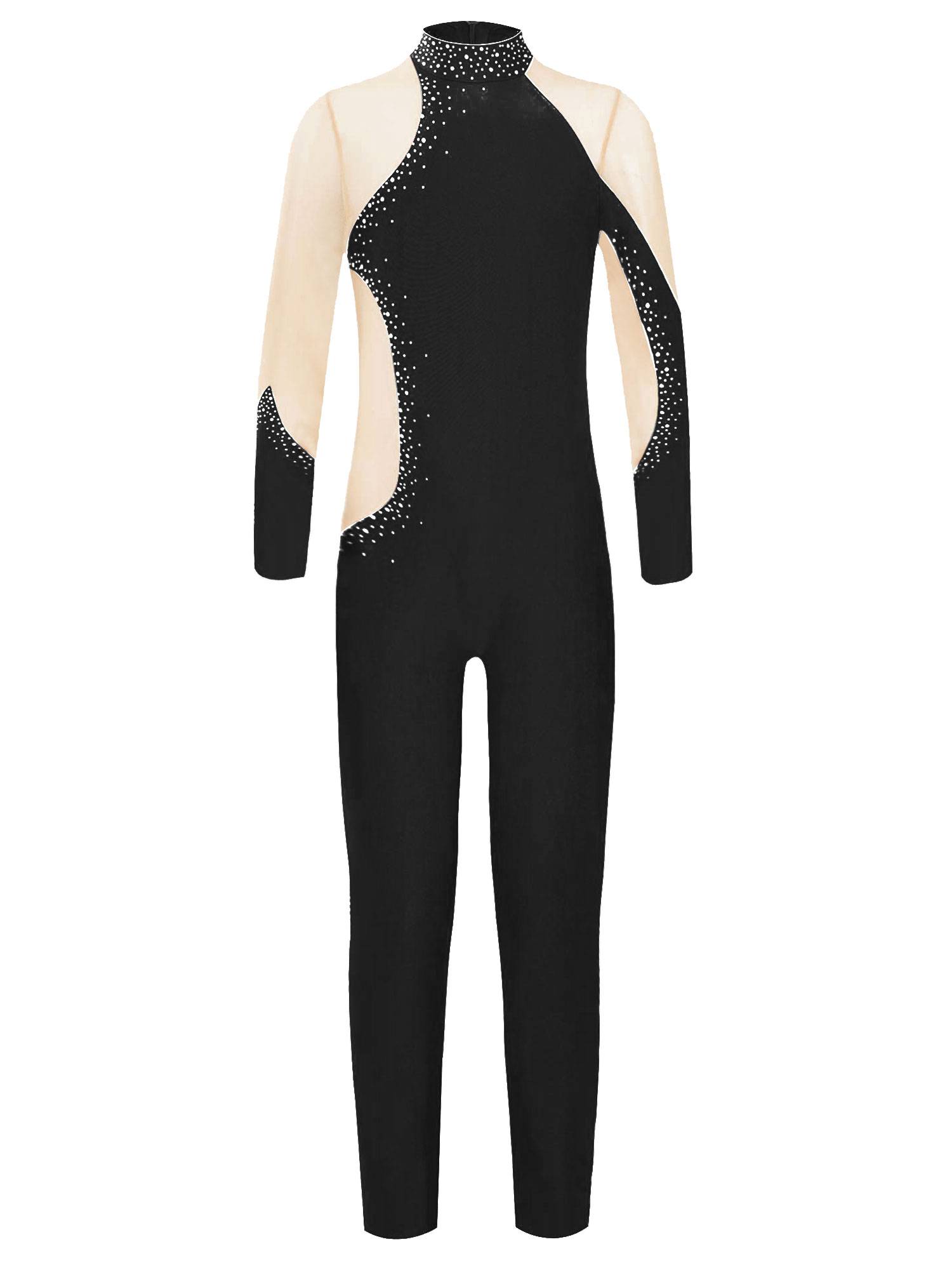 Kids Girls Gymnastics Costume Long Sleeve Rhinestones Dance Unitard