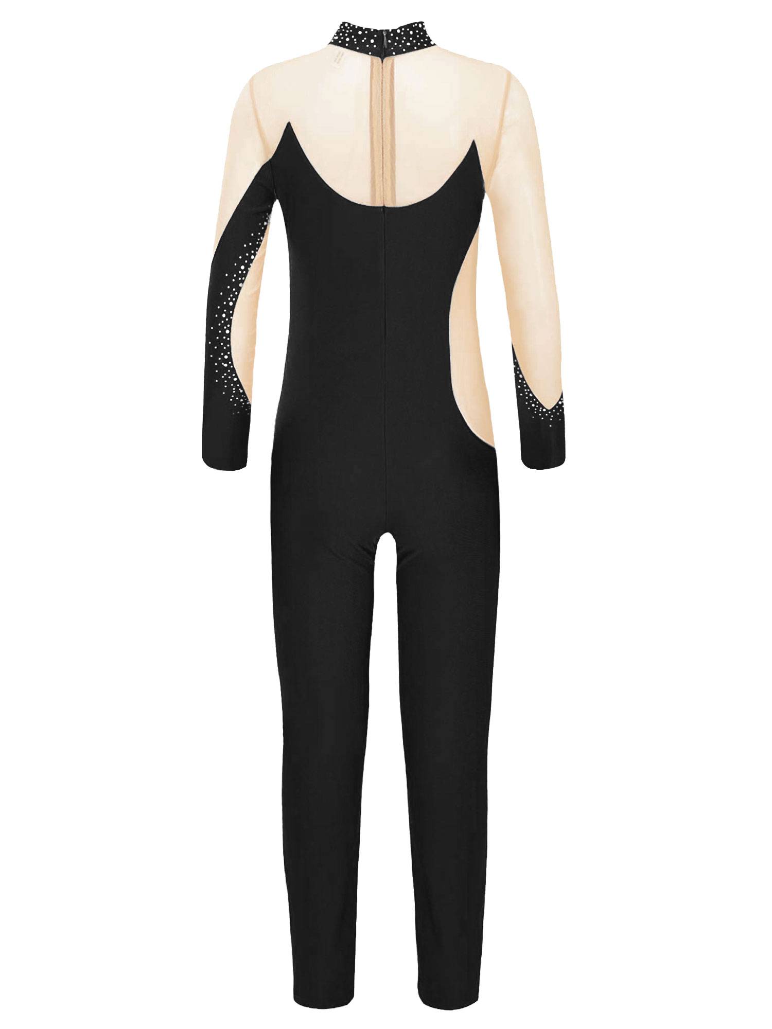 Kids Girls Gymnastics Costume Long Sleeve Rhinestones Dance Unitard