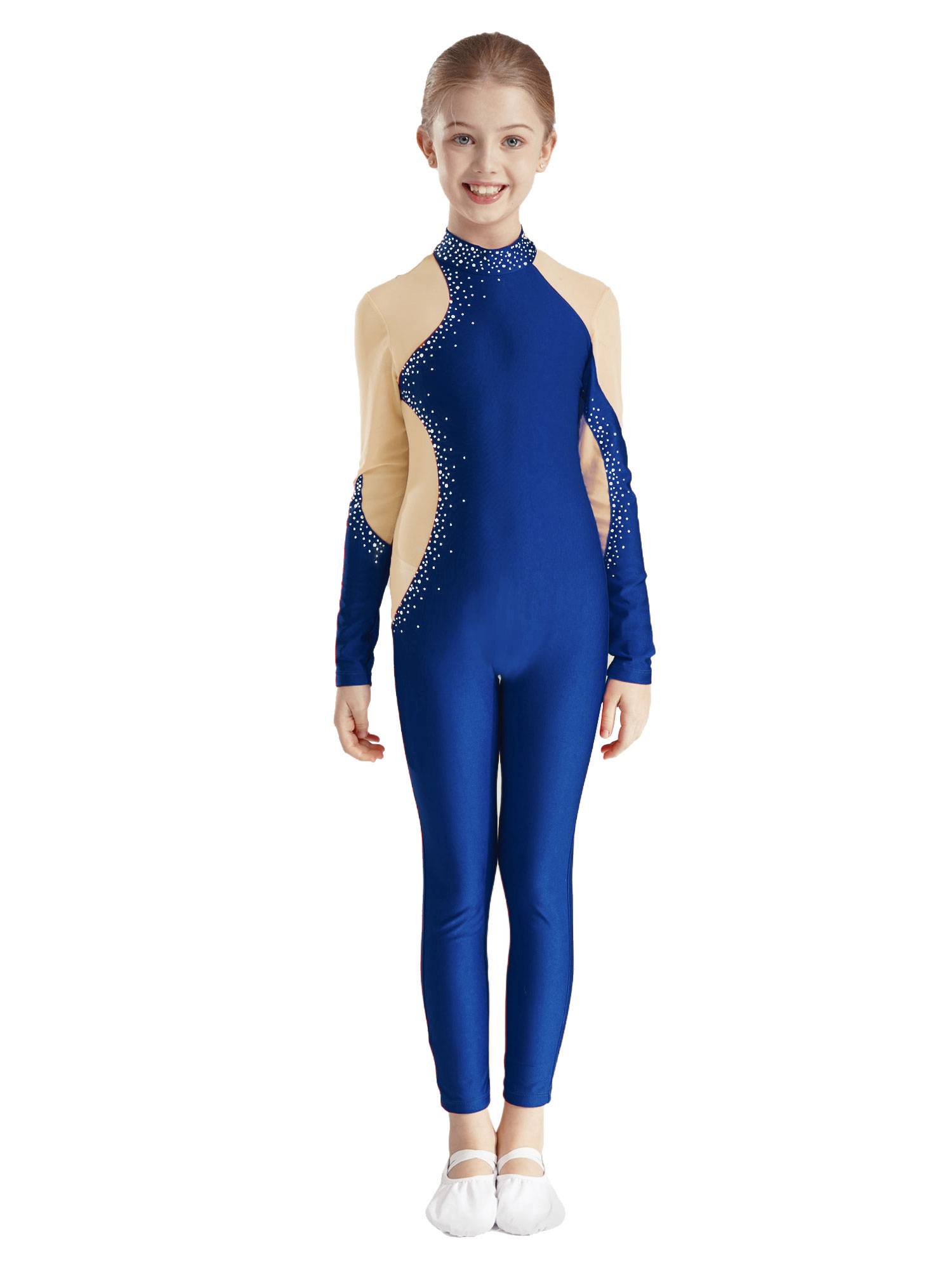 Kids Girls Gymnastics Costume Long Sleeve Rhinestones Dance Unitard
