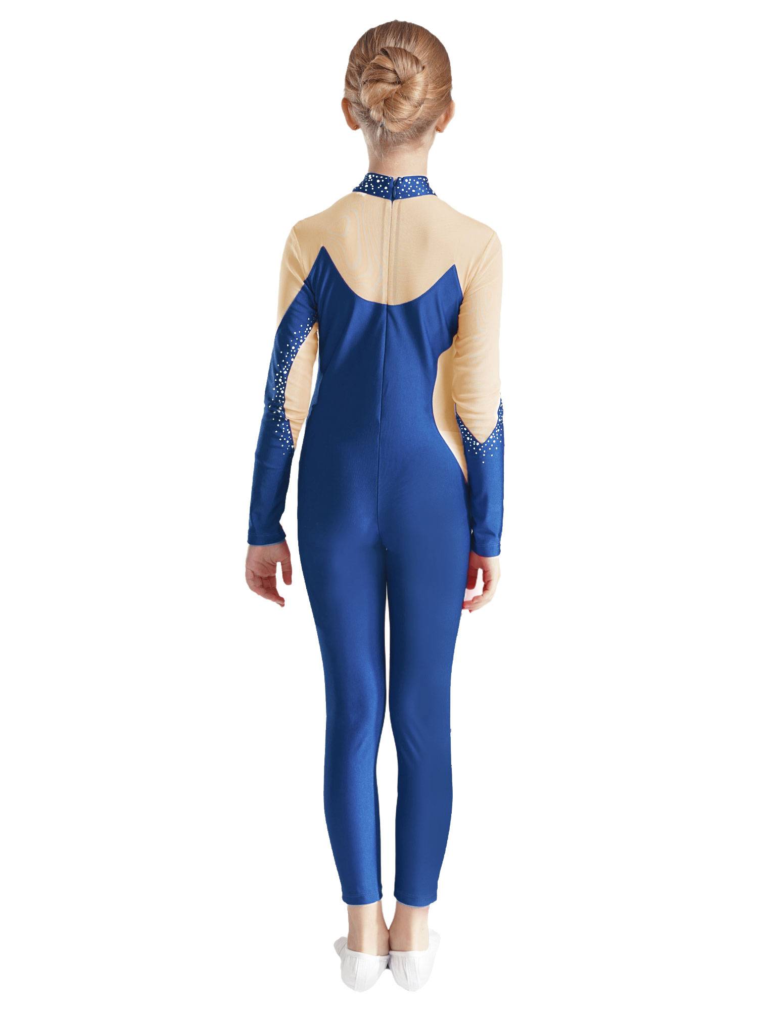 Kids Girls Gymnastics Costume Long Sleeve Rhinestones Dance Unitard
