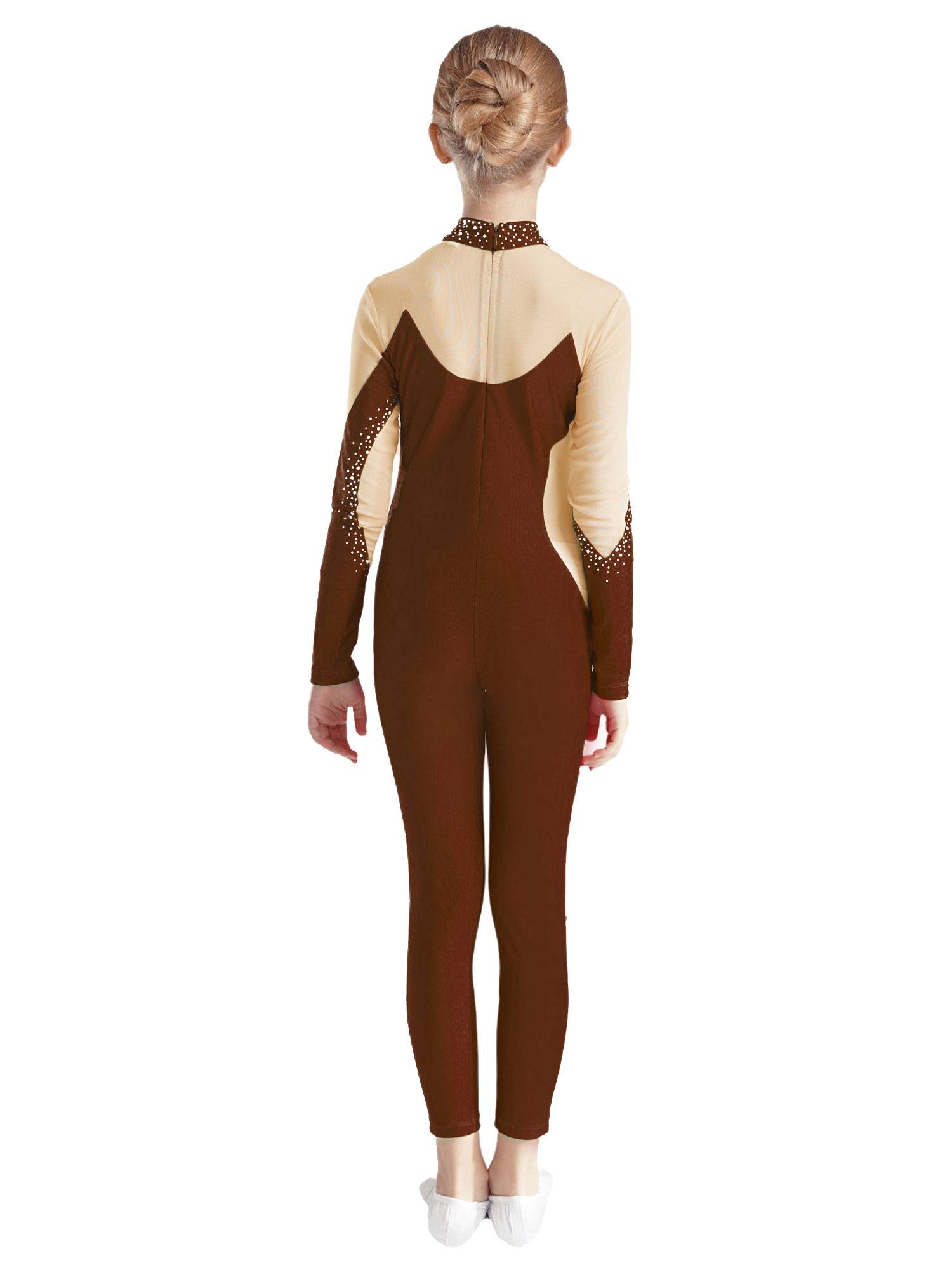 Kids Girls Gymnastics Costume Long Sleeve Rhinestones Dance Unitard