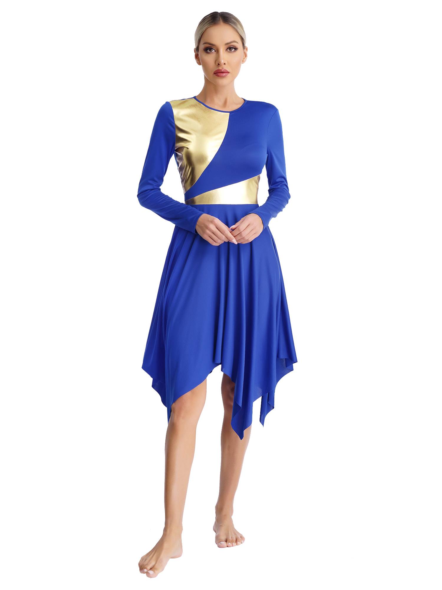 Women Long Sleeve Metallic Asymmetrical Praise Dance Dress