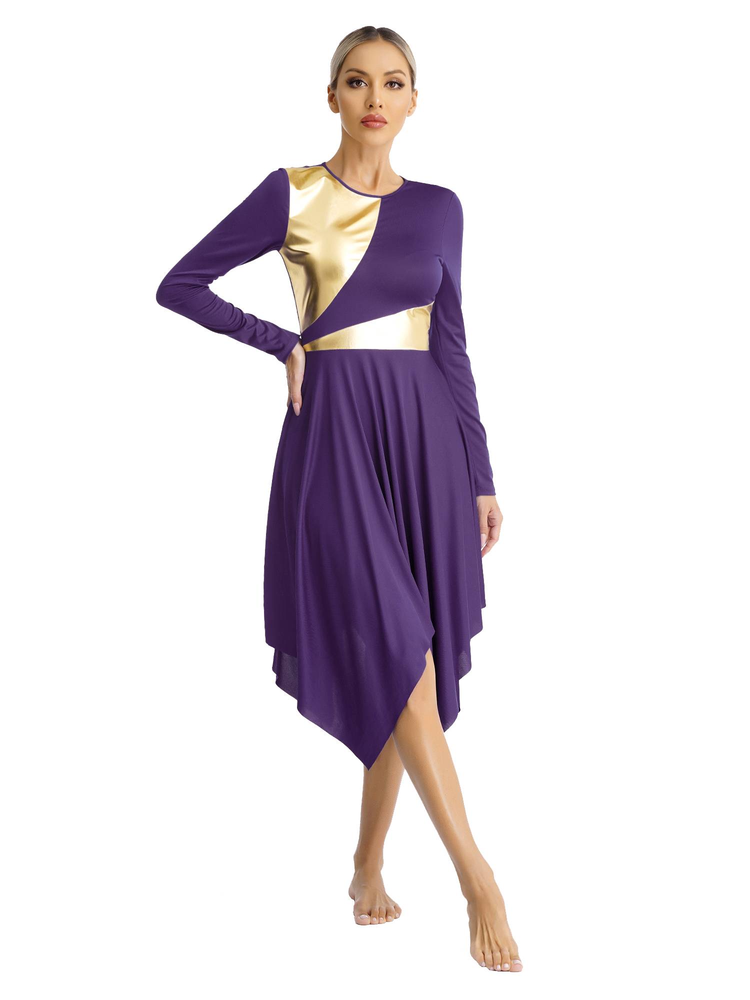 Women Long Sleeve Metallic Asymmetrical Praise Dance Dress