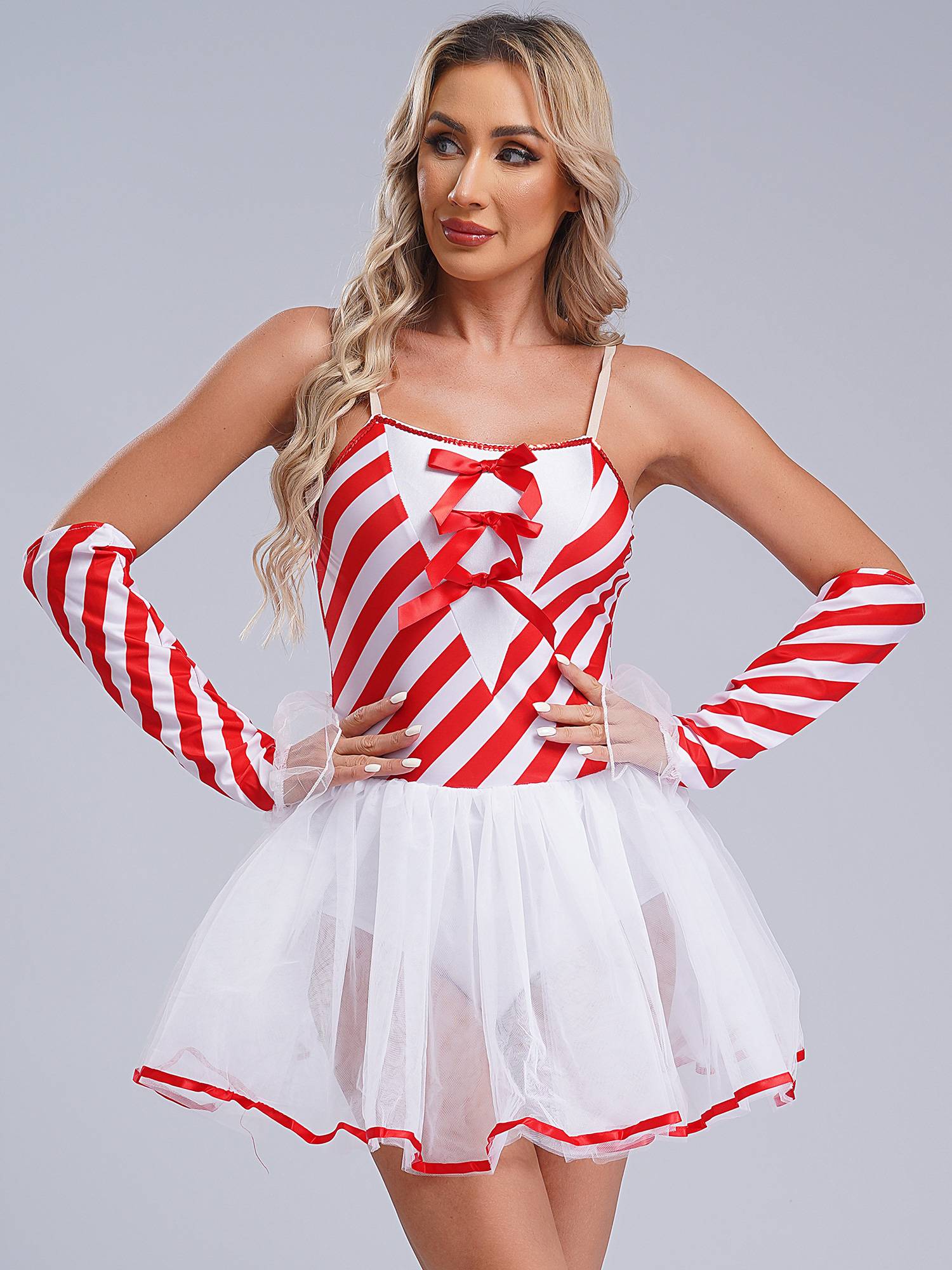 Women Christmas Sleeveless Stripes Candy Cane Tulle Tutu Dress with Gloves
