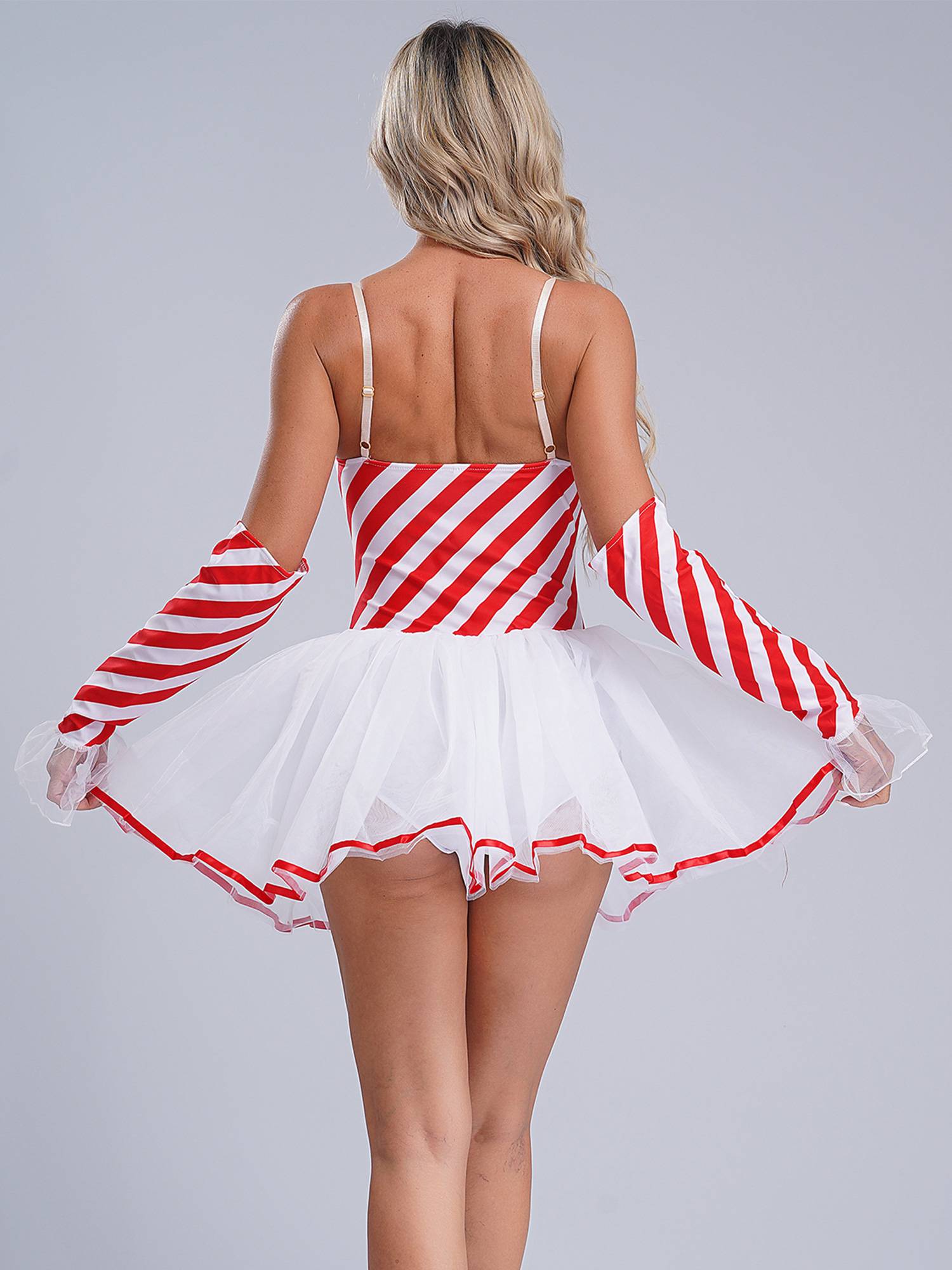 Women Christmas Sleeveless Stripes Candy Cane Tulle Tutu Dress with Gloves