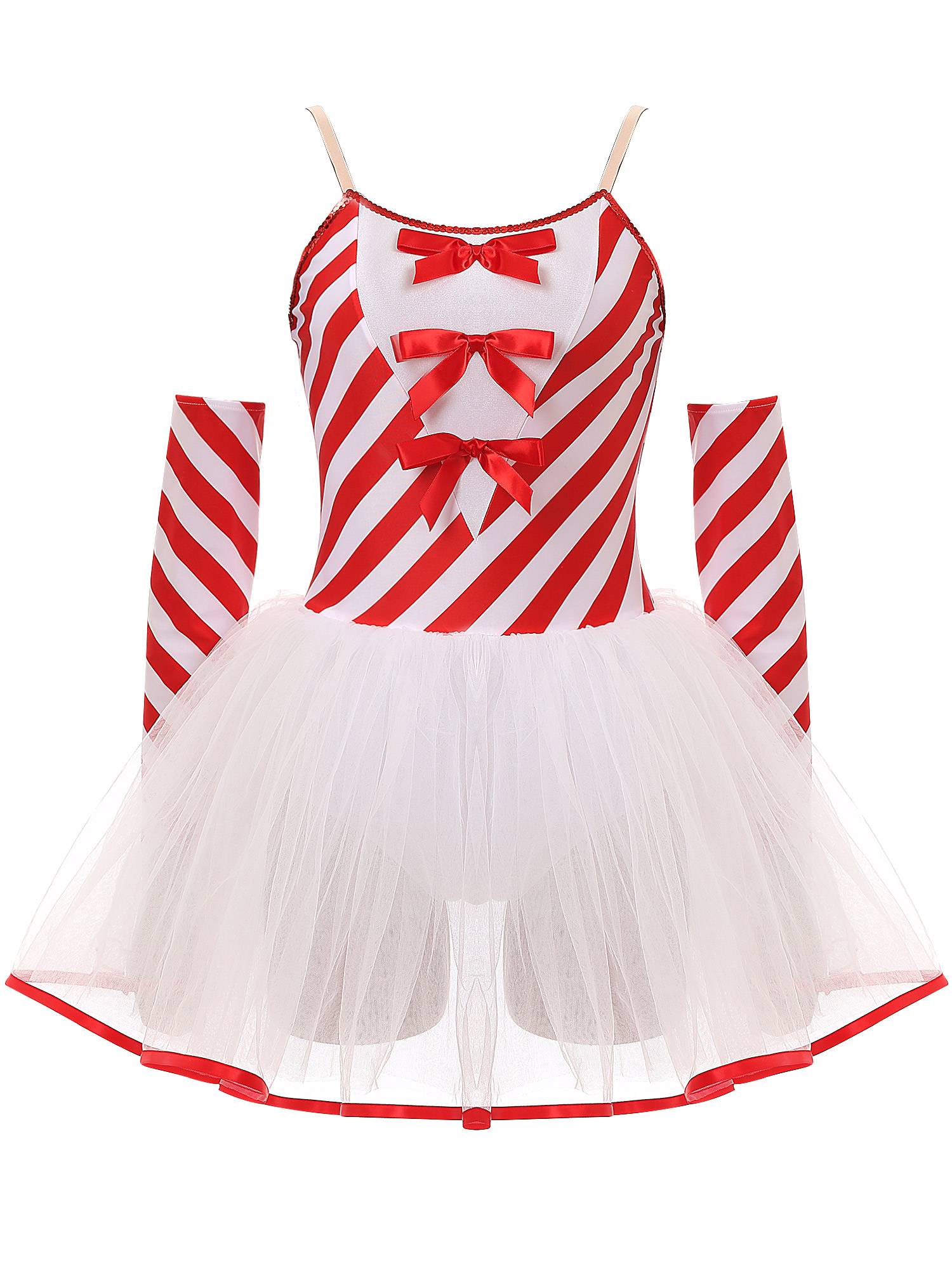 Women Christmas Sleeveless Stripes Candy Cane Tulle Tutu Dress with Gloves