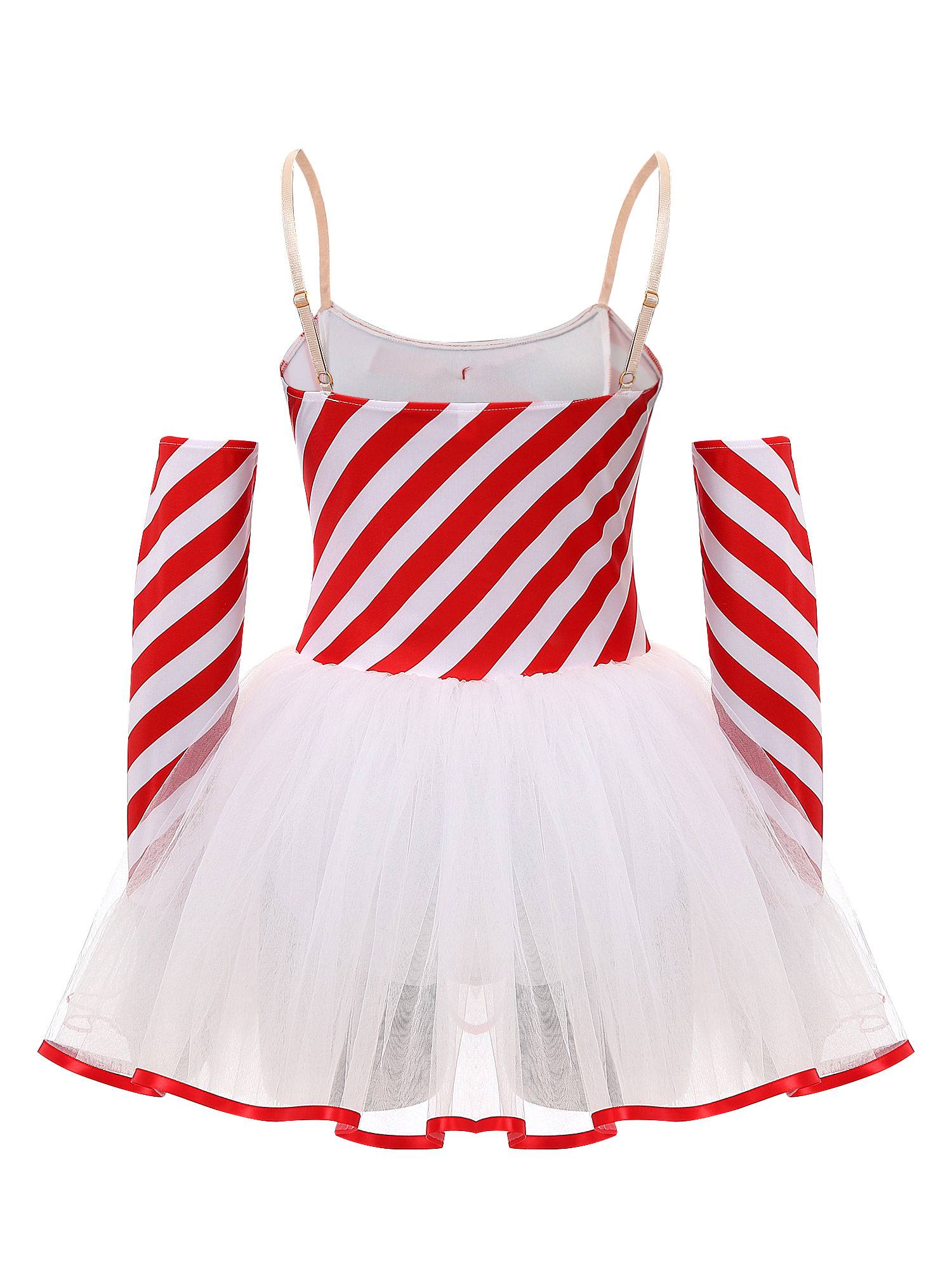 Women Christmas Sleeveless Stripes Candy Cane Tulle Tutu Dress with Gloves
