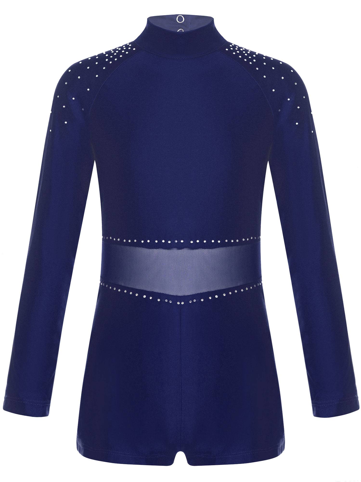 Kids Girls Glittery Rhinestones Long Sleeve Cut Out Back Gymnastic Leotard