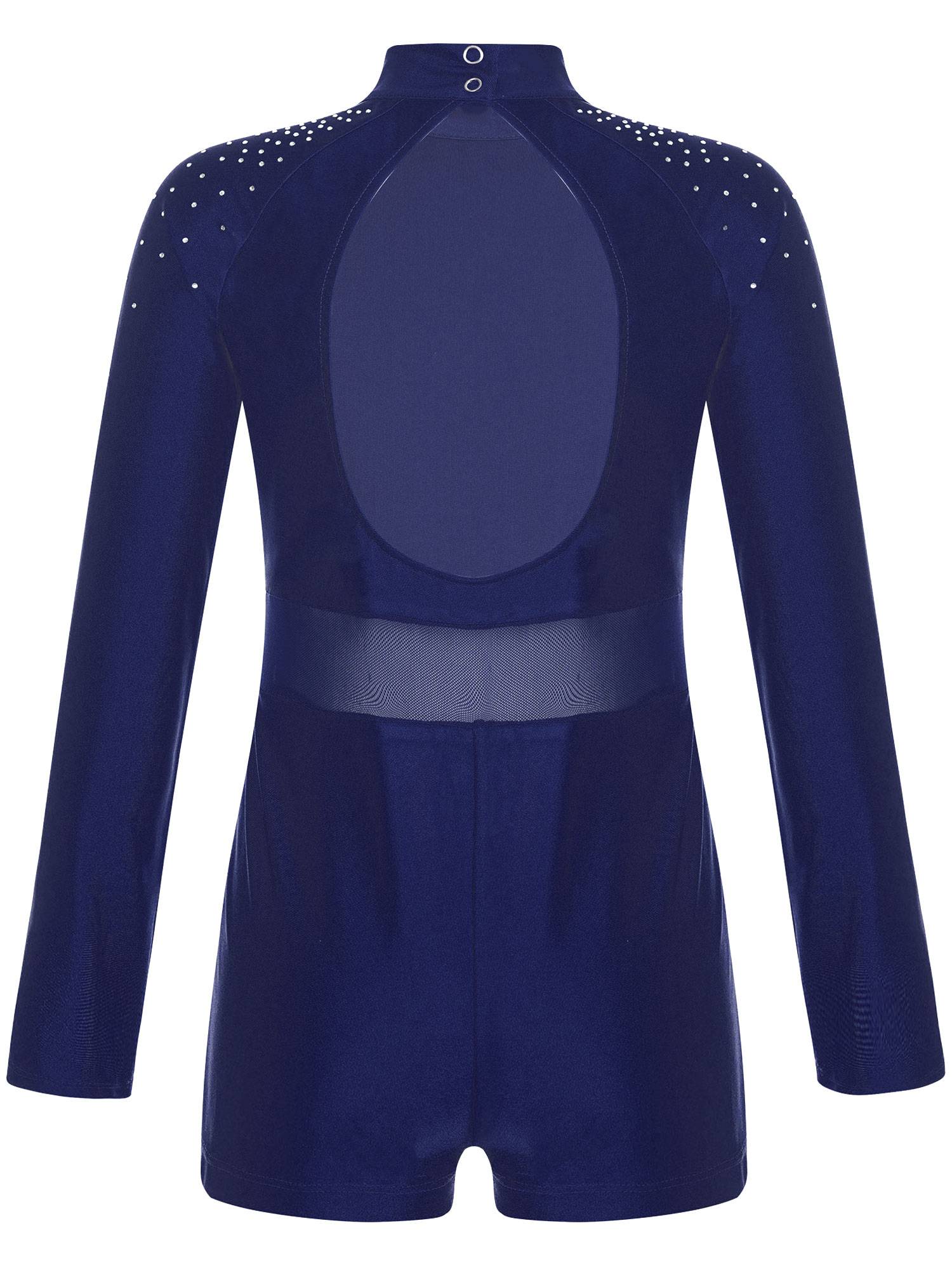 Kids Girls Glittery Rhinestones Long Sleeve Cut Out Back Gymnastic Leotard