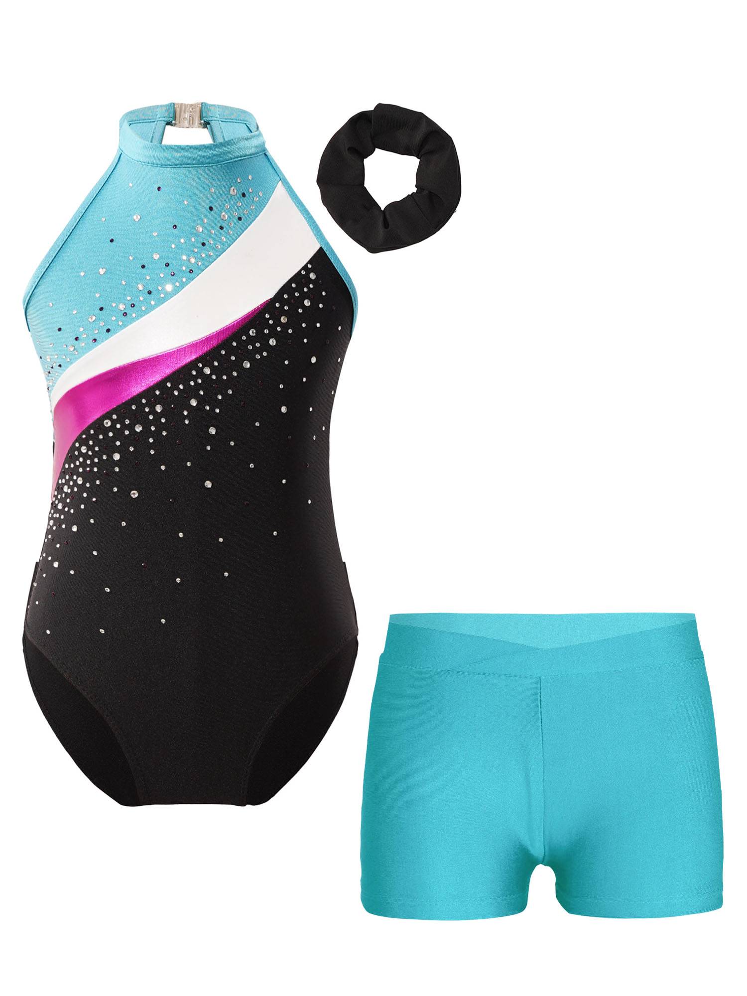 Kids Girls 3pcs Sleeveless Rhinestone Leotards with Shorts Sport Sets
