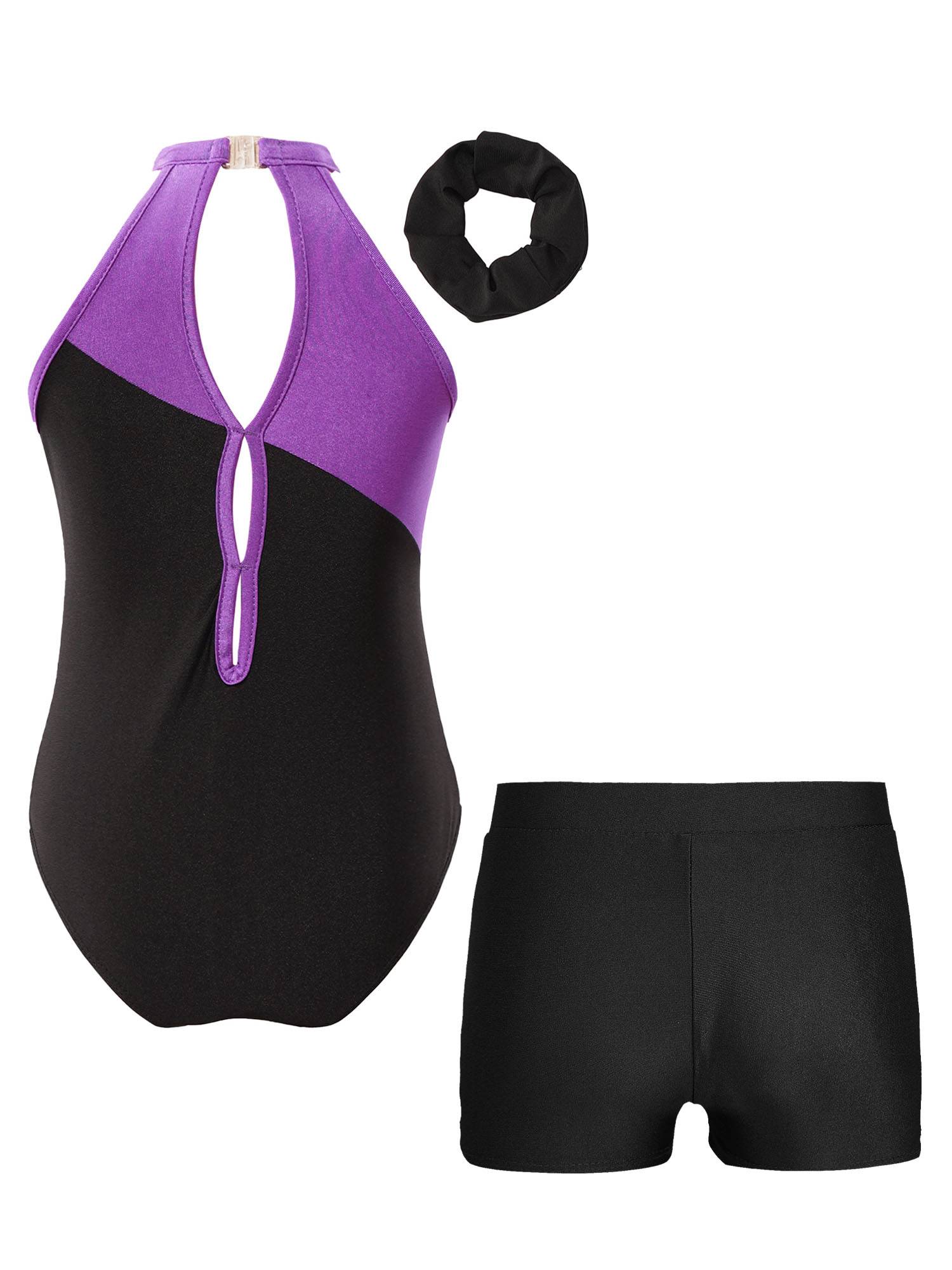 Kids Girls 3pcs Sleeveless Rhinestone Leotards with Shorts Sport Sets