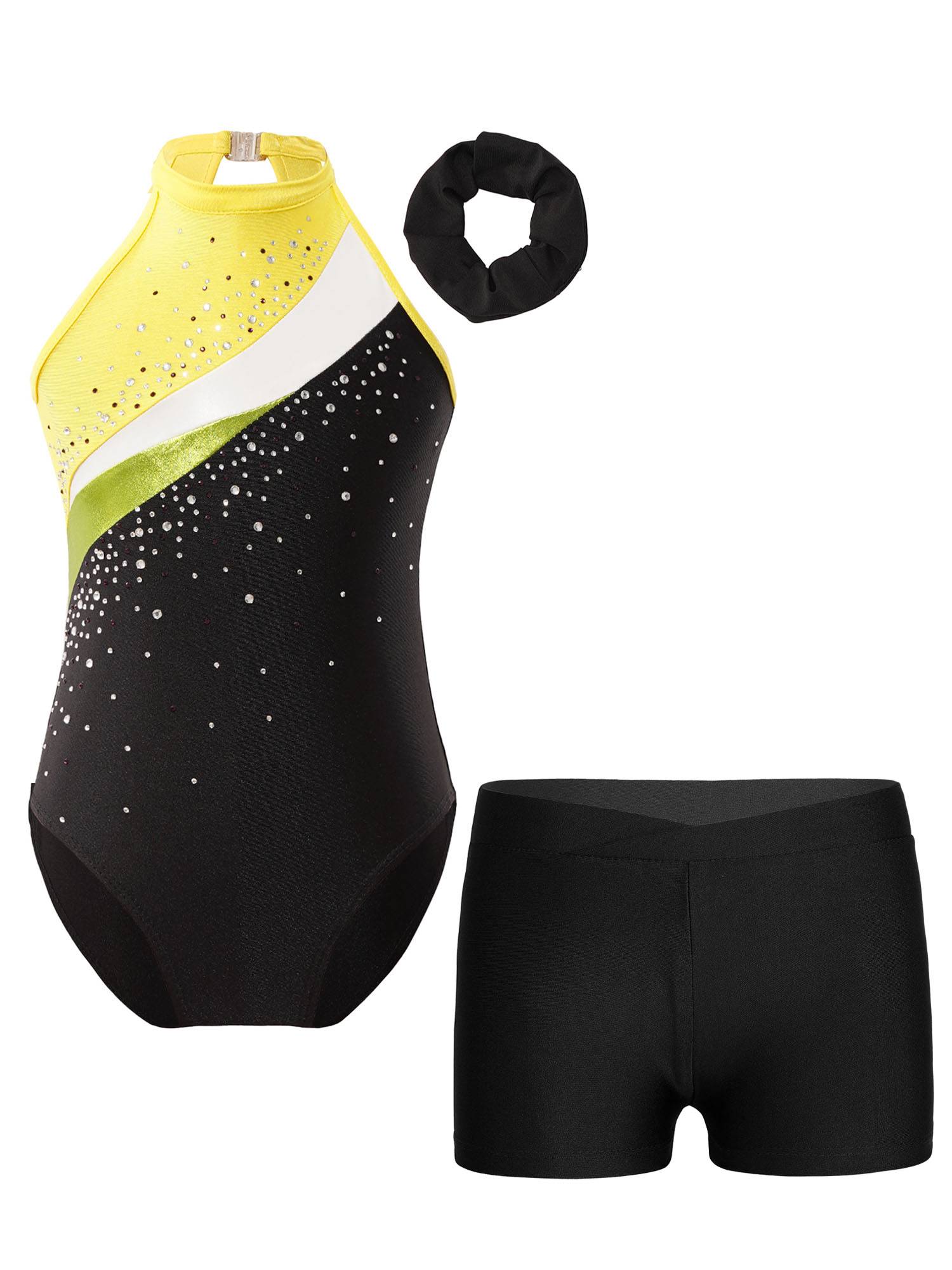 Kids Girls 3pcs Sleeveless Rhinestone Leotards with Shorts Sport Sets
