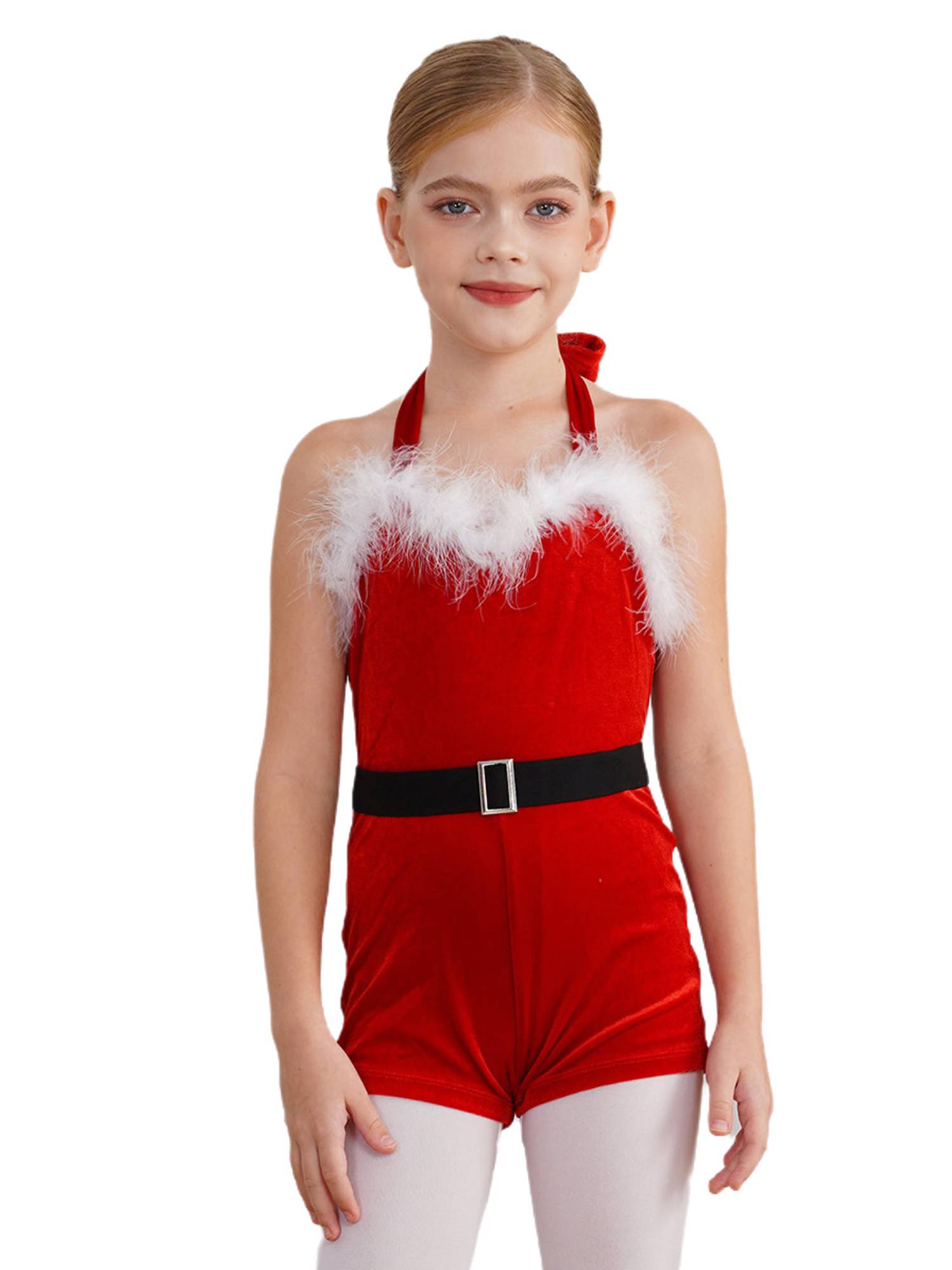 Kids Girls Christmas Santa Claus Halter Neck Sleeveless Velvet Romper with Belt