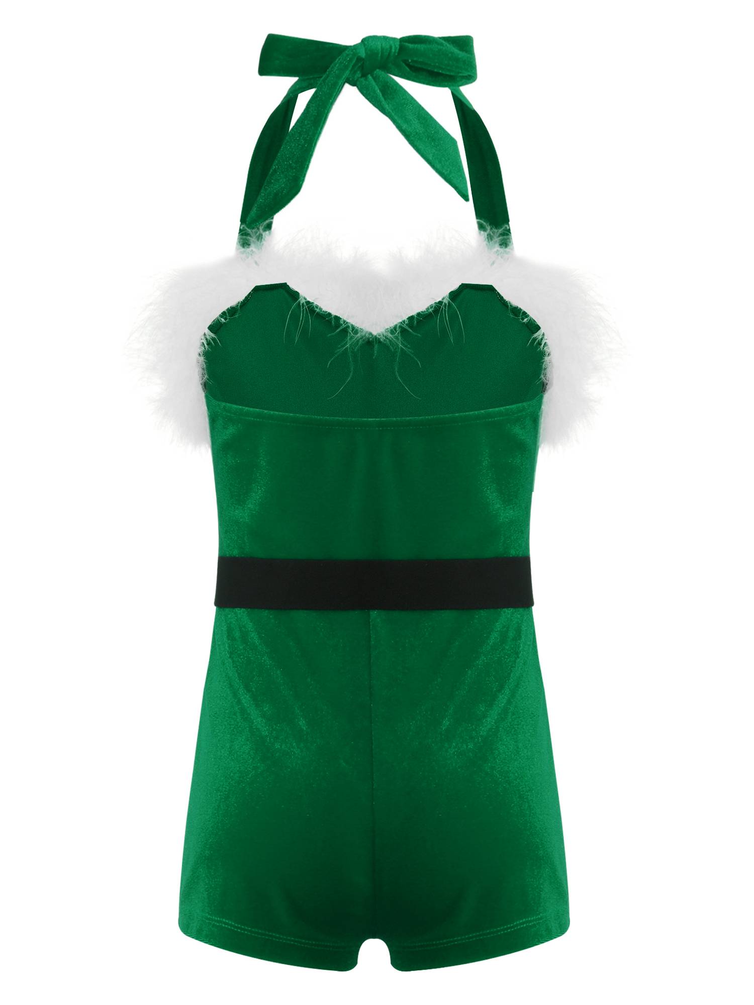 Kids Girls Christmas Santa Claus Halter Neck Sleeveless Velvet Romper with Belt