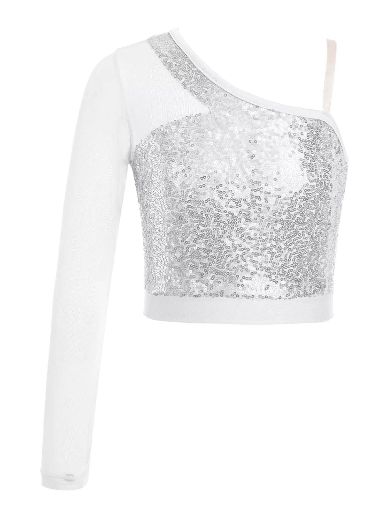 Kids Girls Sparkly Sequin One Shoulder Jazz Dance Crop Top