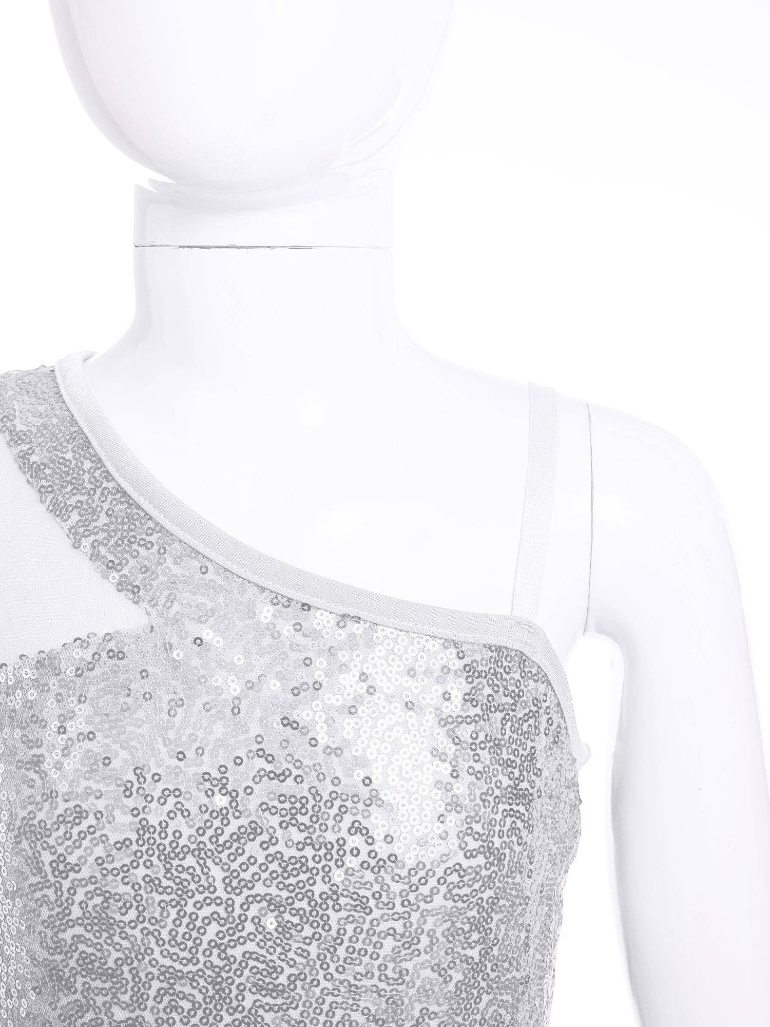 Kids Girls Sparkly Sequin One Shoulder Jazz Dance Crop Top