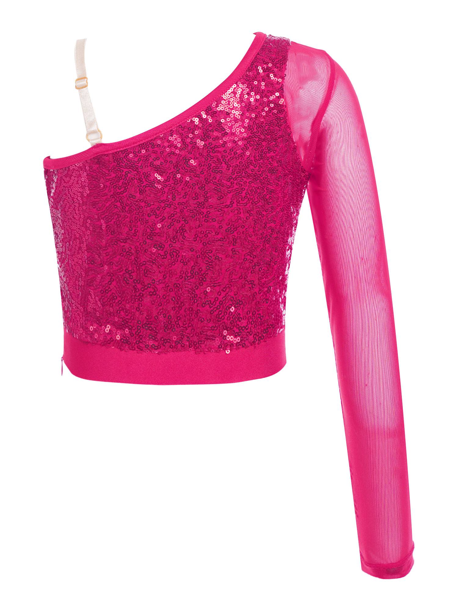 Kids Girls Sparkly Sequin One Shoulder Jazz Dance Crop Top