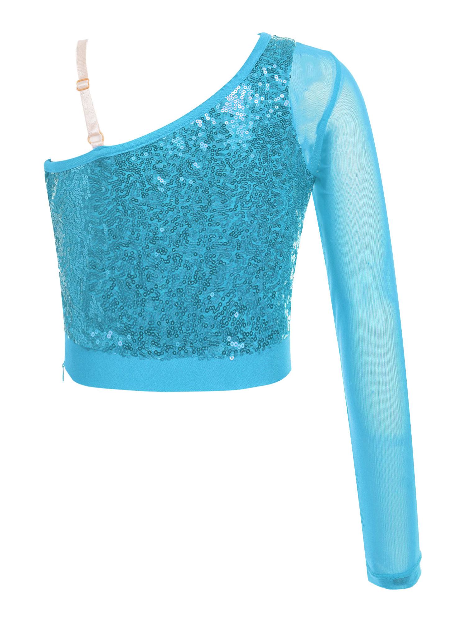 Kids Girls Sparkly Sequin One Shoulder Jazz Dance Crop Top