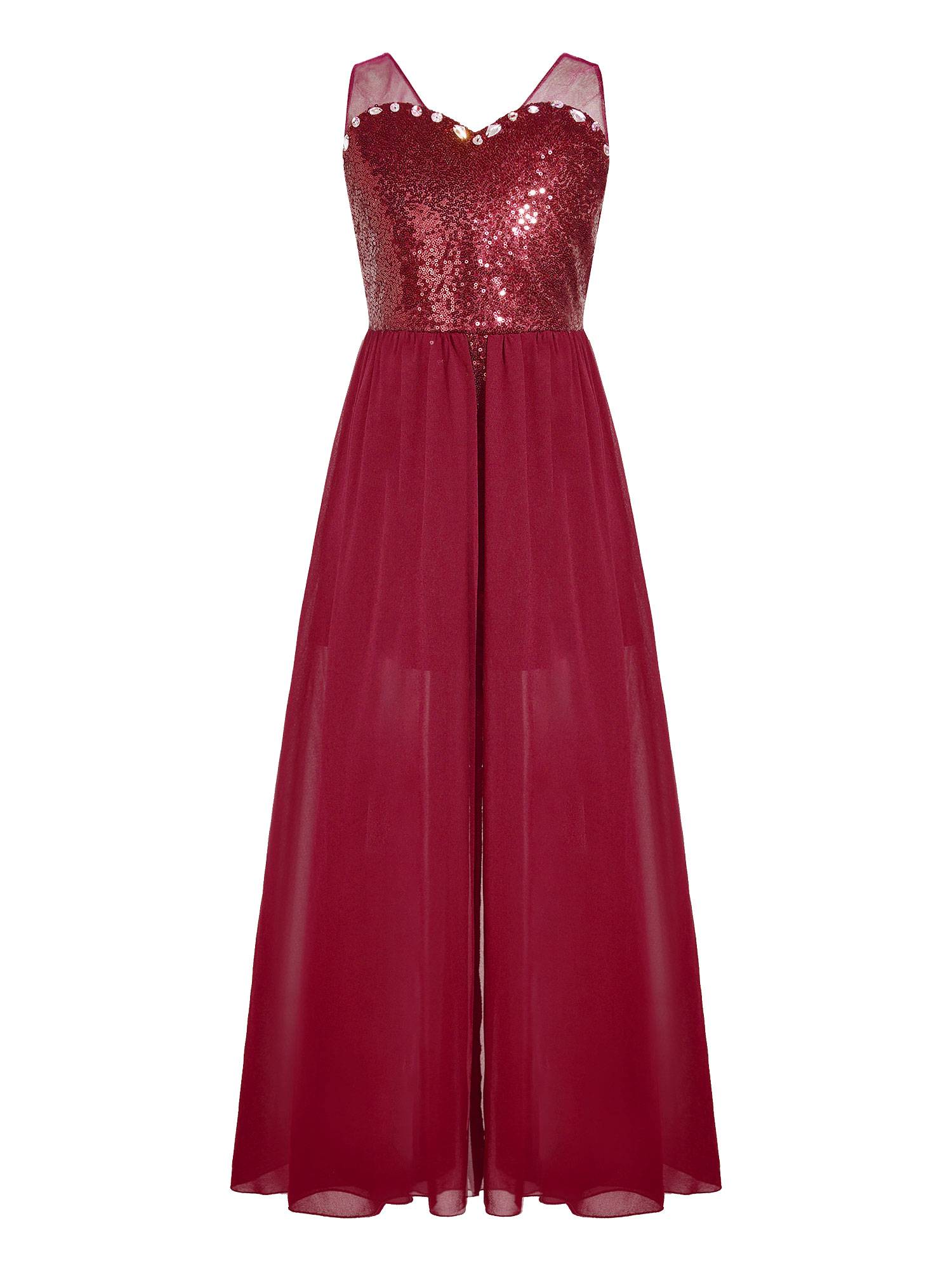 Kids Girls Sleeveless V Neck Sequin Romper Party Gown Prom Dress