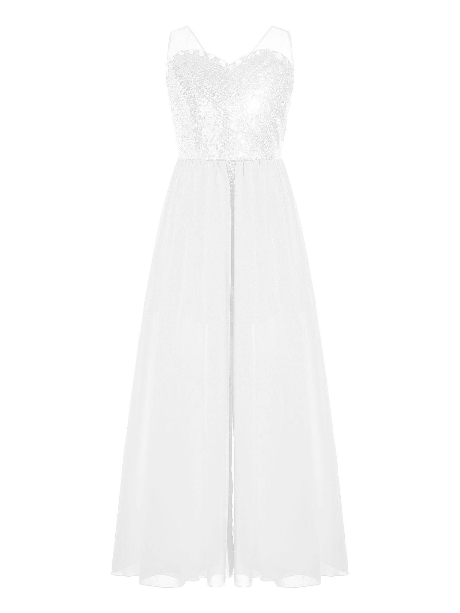 Kids Girls Sleeveless V Neck Sequin Romper Party Gown Prom Dress