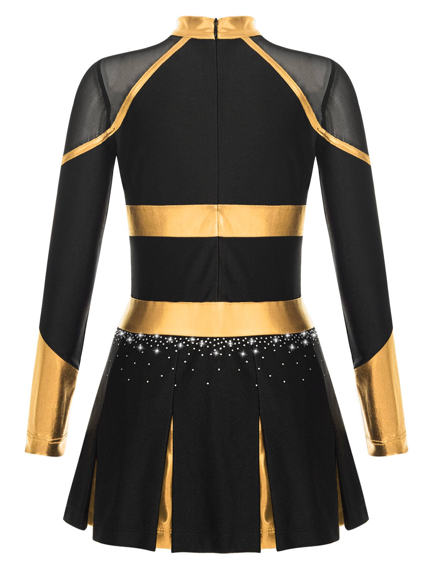 Girls Long Sleeve Shiny Rhinestones Metallic Cheerlead Pleated Dress