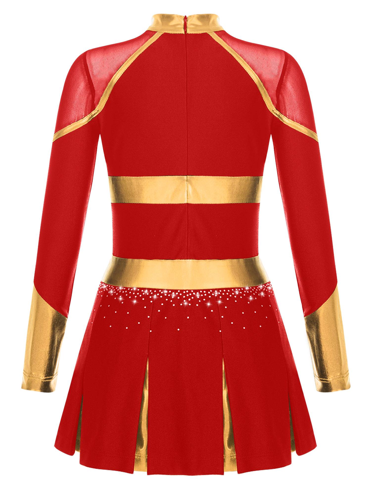 Girls Long Sleeve Shiny Rhinestones Metallic Cheerlead Pleated Dress