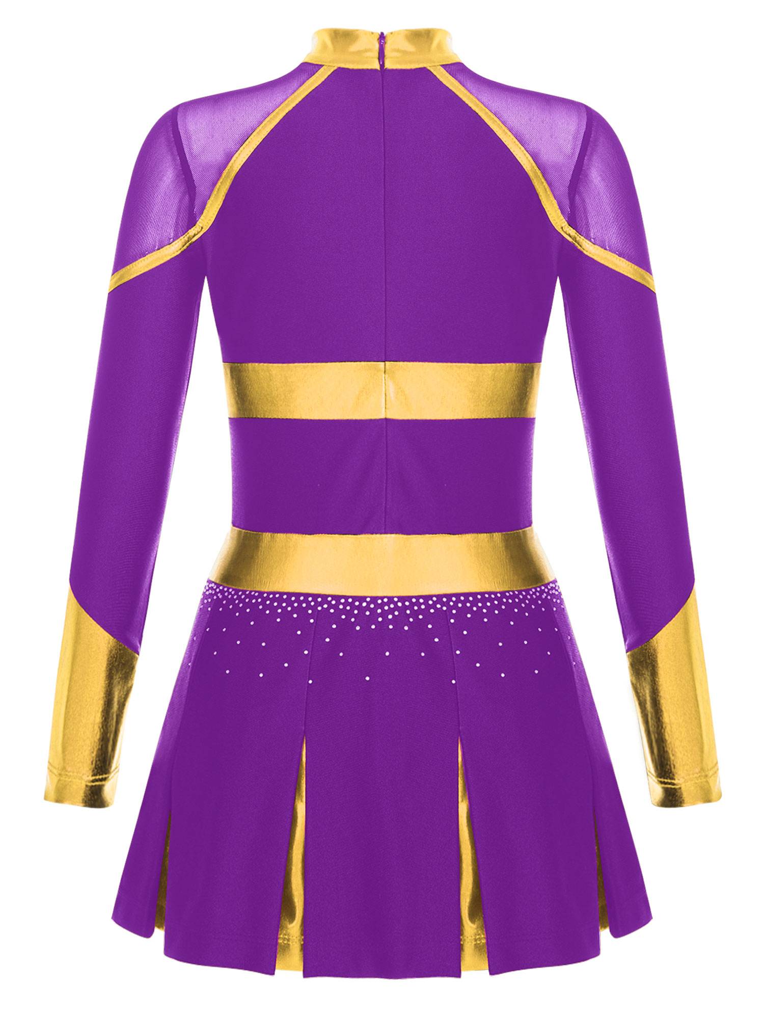 Girls Long Sleeve Shiny Rhinestones Metallic Cheerlead Pleated Dress