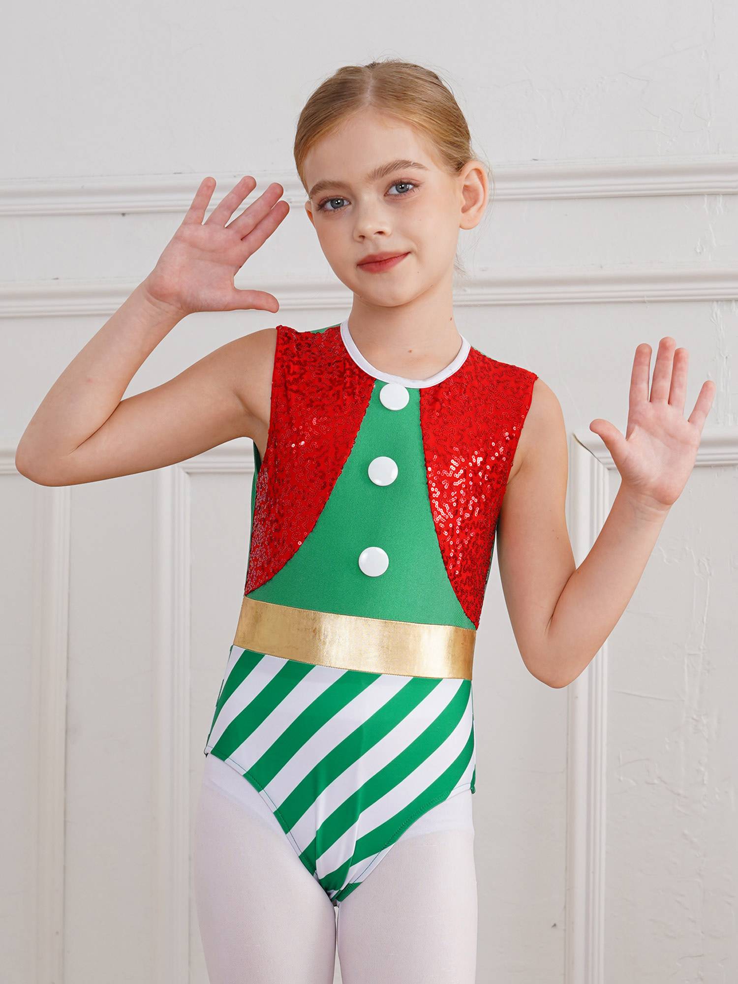 Kids Girls Christmas Sleeveless Hollow Back Sequins Stripes Bodysuit