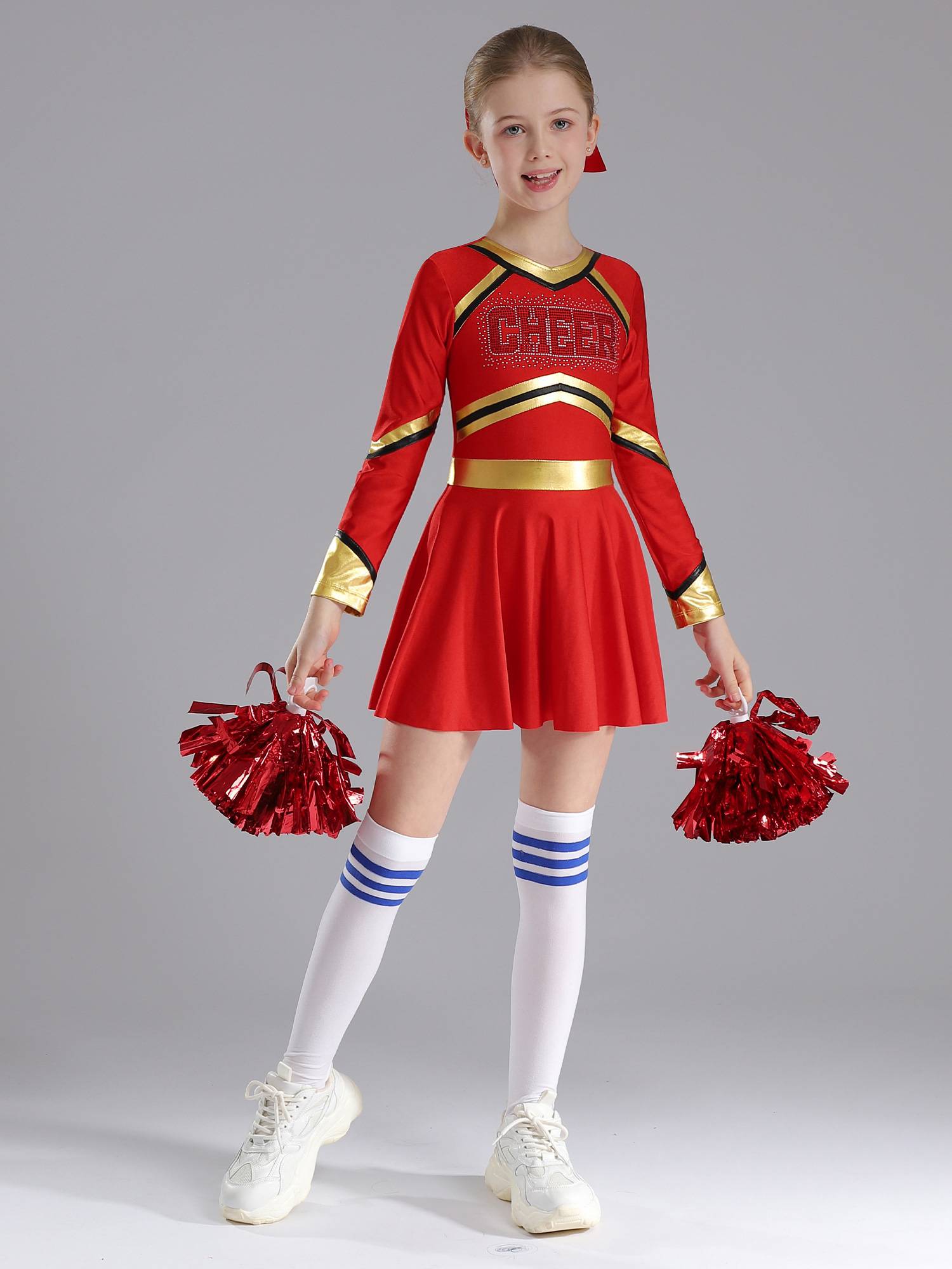 Kids Girls V Neck Long Sleeve Metallic Cheerleading Dress with Flower Balls