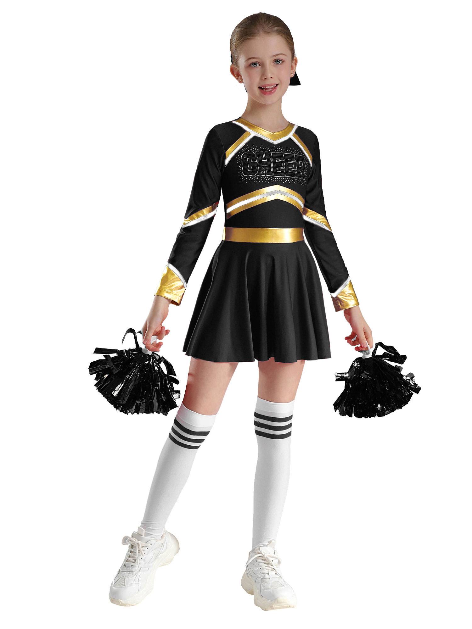 Kids Girls V Neck Long Sleeve Metallic Cheerleading Dress with Flower Balls