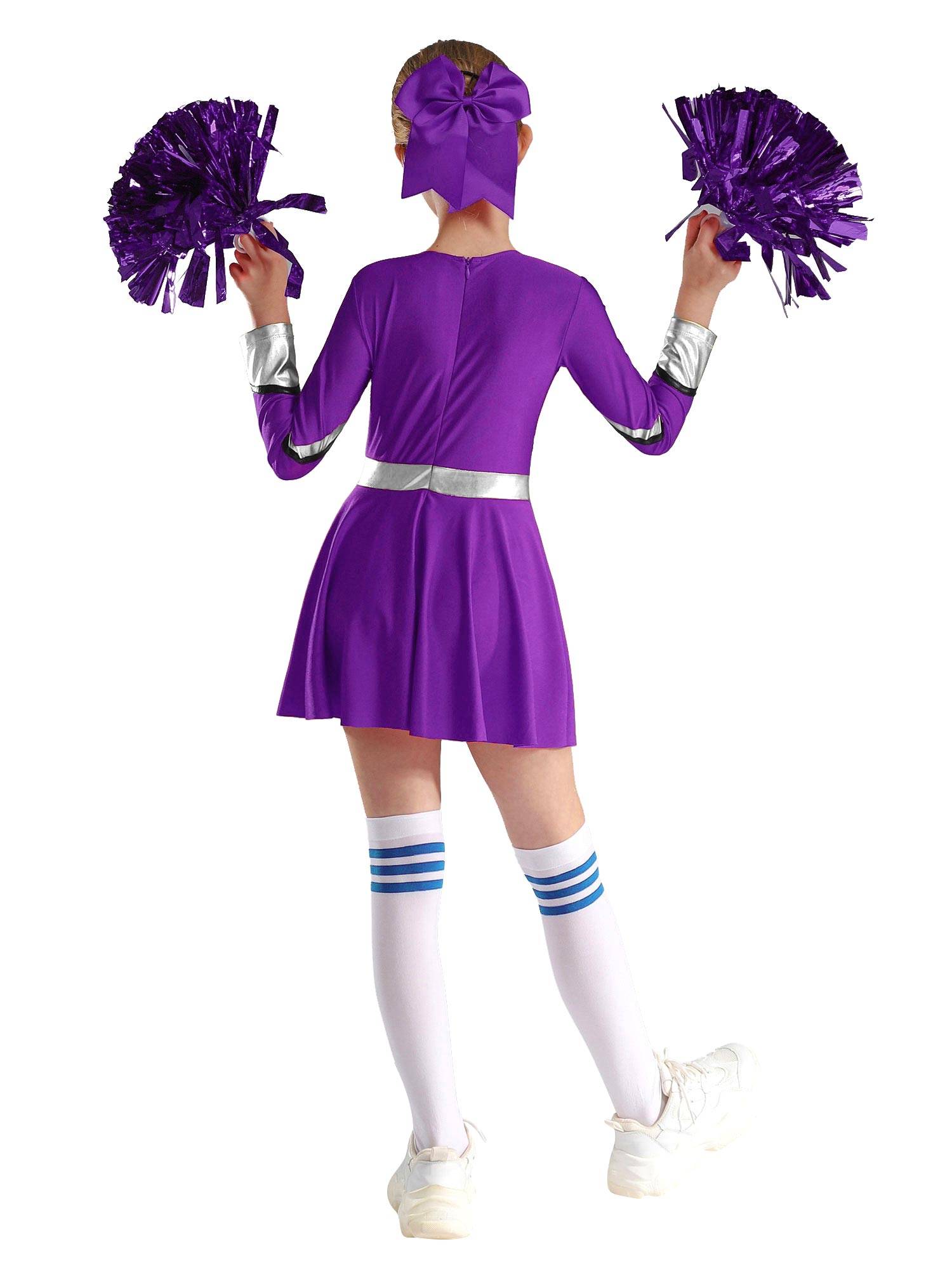 Kids Girls V Neck Long Sleeve Metallic Cheerleading Dress with Flower Balls