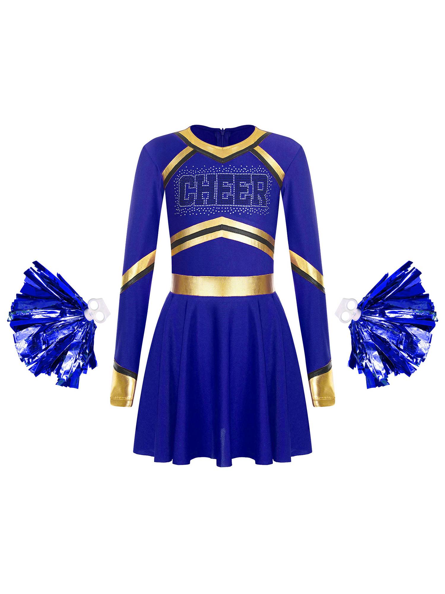 Kids Girls V Neck Long Sleeve Metallic Cheerleading Dress with Flower Balls