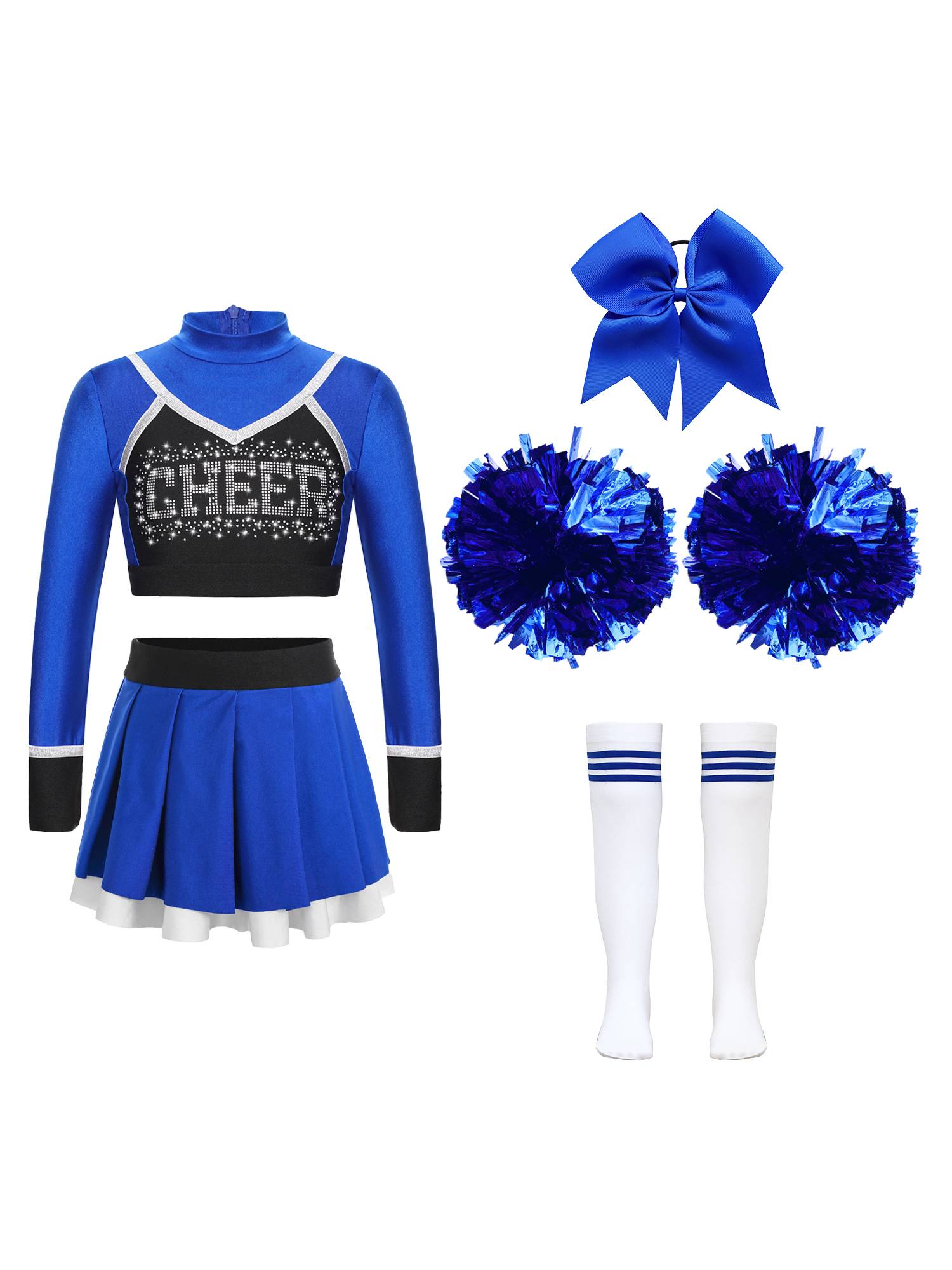 Kids Girls 7pcs Long Sleeve Rhinestone Crop Top  and Skirt Cheerleading Sets