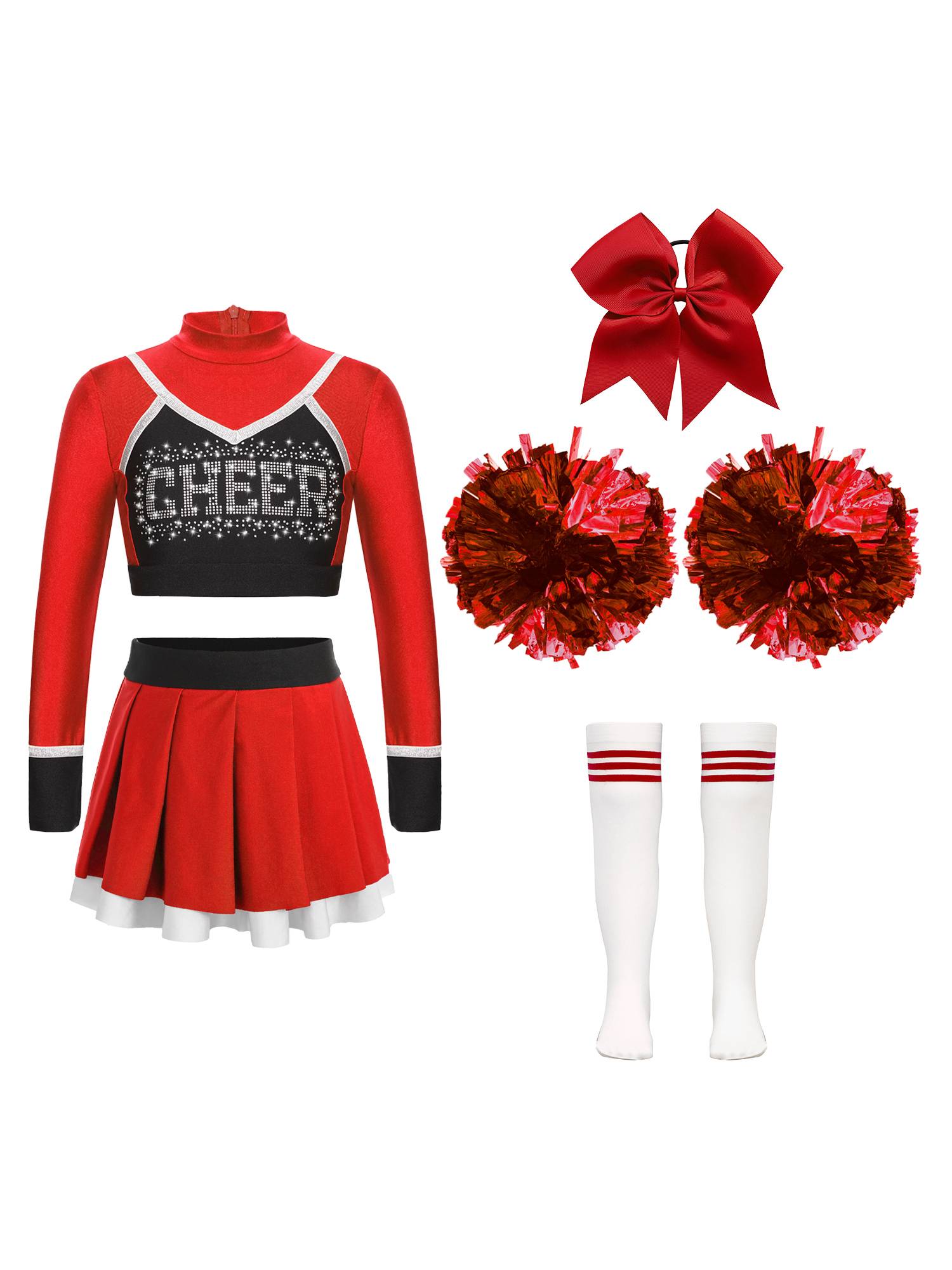 Kids Girls 7pcs Long Sleeve Rhinestone Crop Top  and Skirt Cheerleading Sets