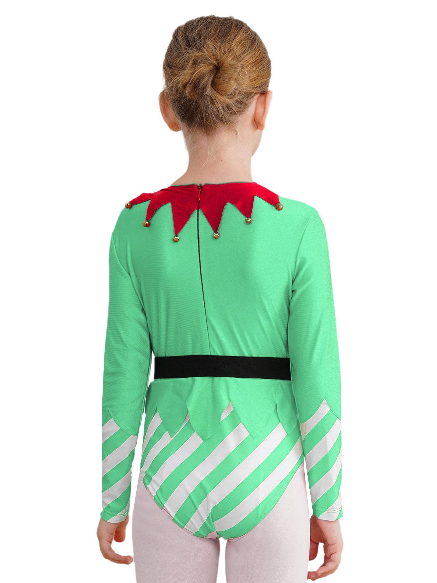 Kids Girls Christmas Long Sleeve Stripes Dance Leotard with Belt