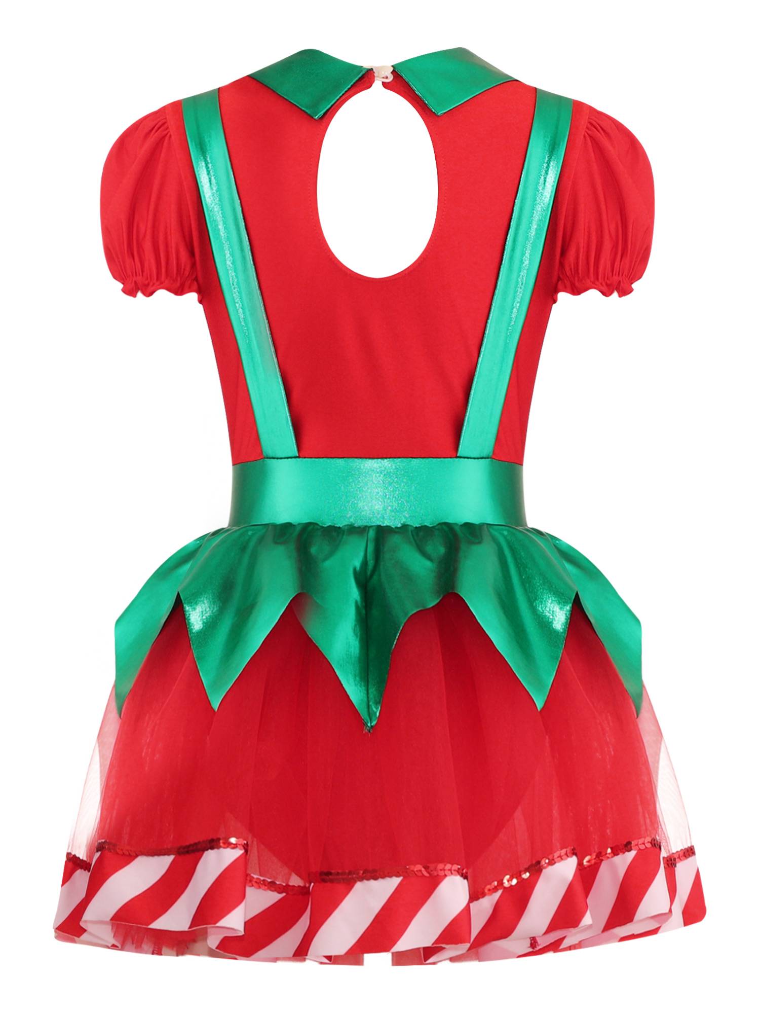 Kids Girls Christmas Puff Sleeve Bow Stripes Tutu Dress