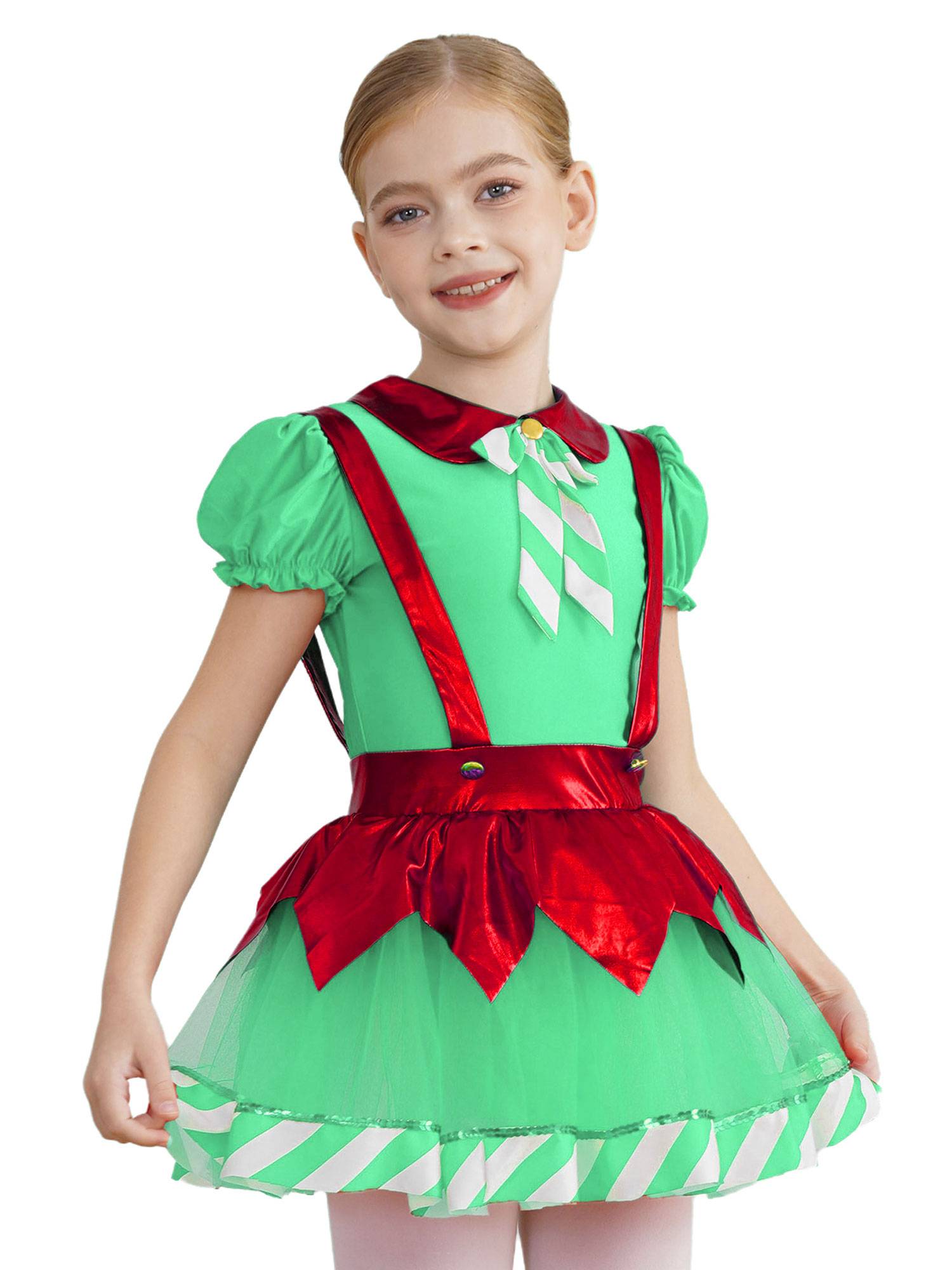Kids Girls Christmas Puff Sleeve Bow Stripes Tutu Dress