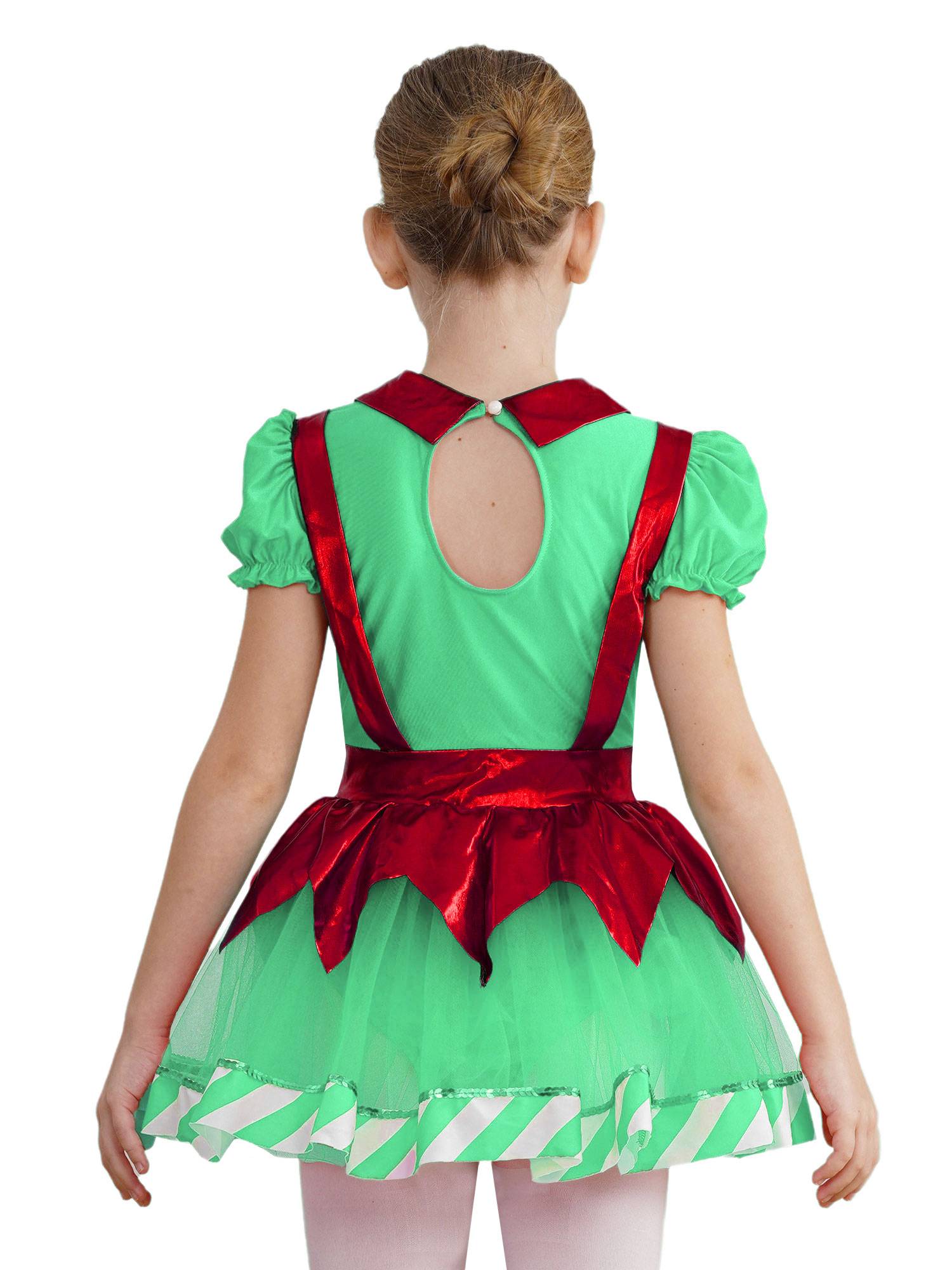 Kids Girls Christmas Puff Sleeve Bow Stripes Tutu Dress