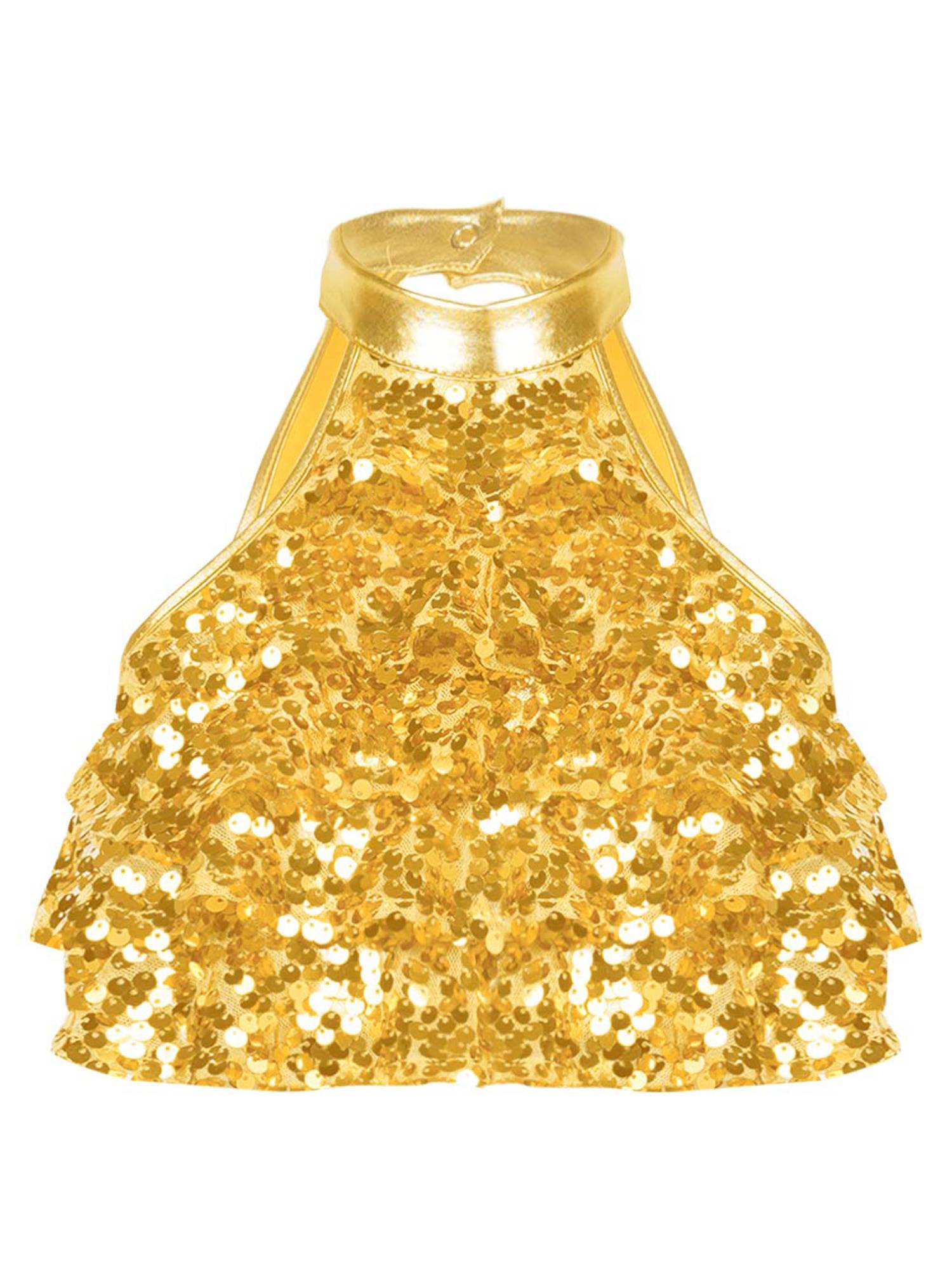 Kids Girls Sleeveless Sequin Tiered Jazz Dance Crop Top