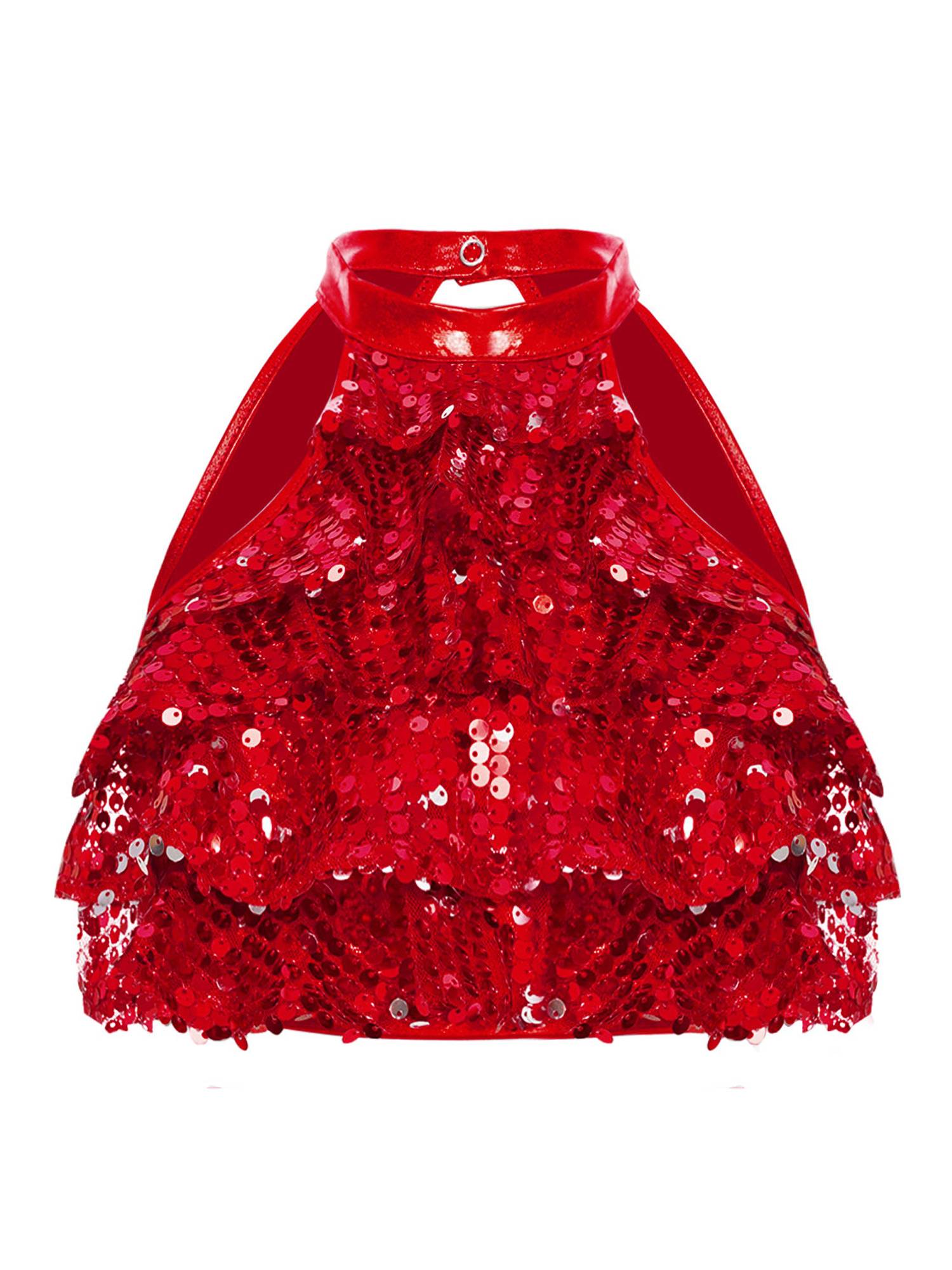 Kids Girls Sleeveless Sequin Tiered Jazz Dance Crop Top